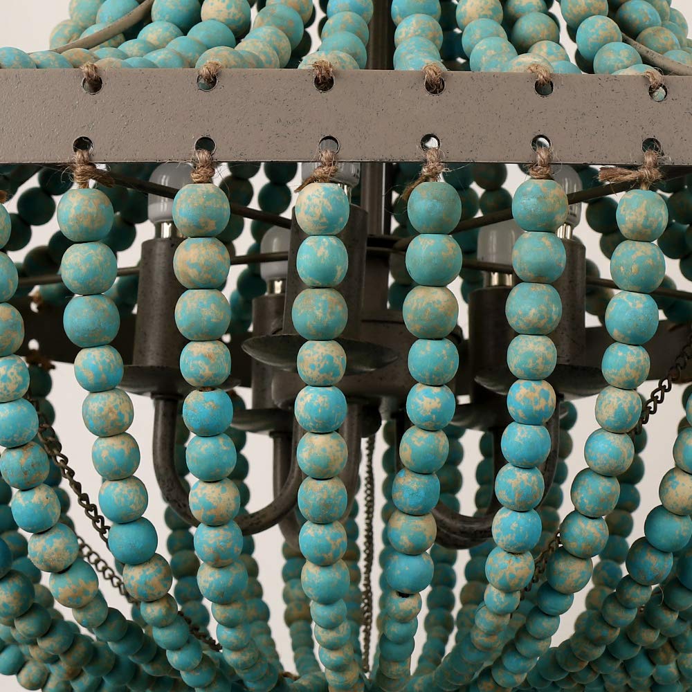 Newrays Wood Bead Chandelier Gray Blue Antique Rustic Kitchen Ceiling 5 Lights Fixtures (Grey Blue-Wl)