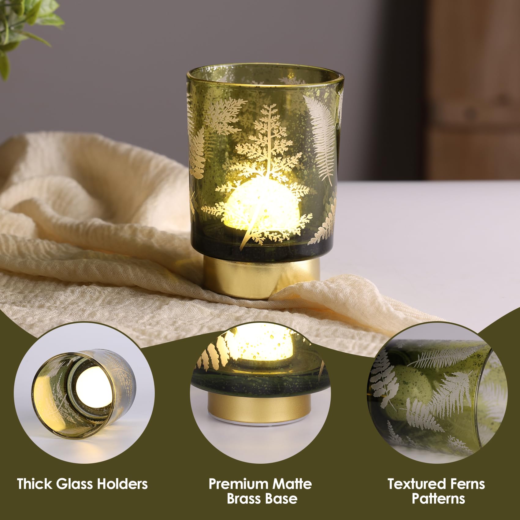 Eywamage Small Battery Operated Glass Table Lamp, Boho Green Ferns Mood Light With Remote, Cordless Bedside Accent Lamp Room Dec