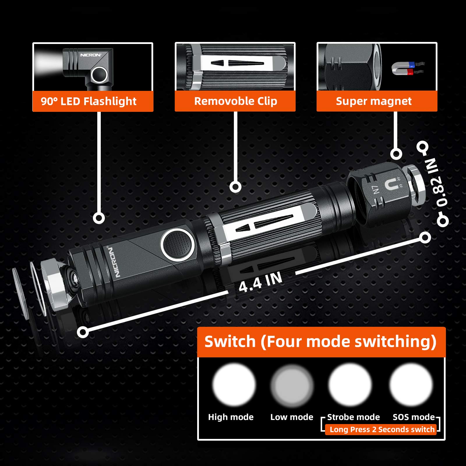 NICRON N7 Tactical Flashlight - 600 Lumens, 90° Waterproof, 4 Modes, Gray Metal, Ideal for Camping & Hiking (Batteries Not Included)