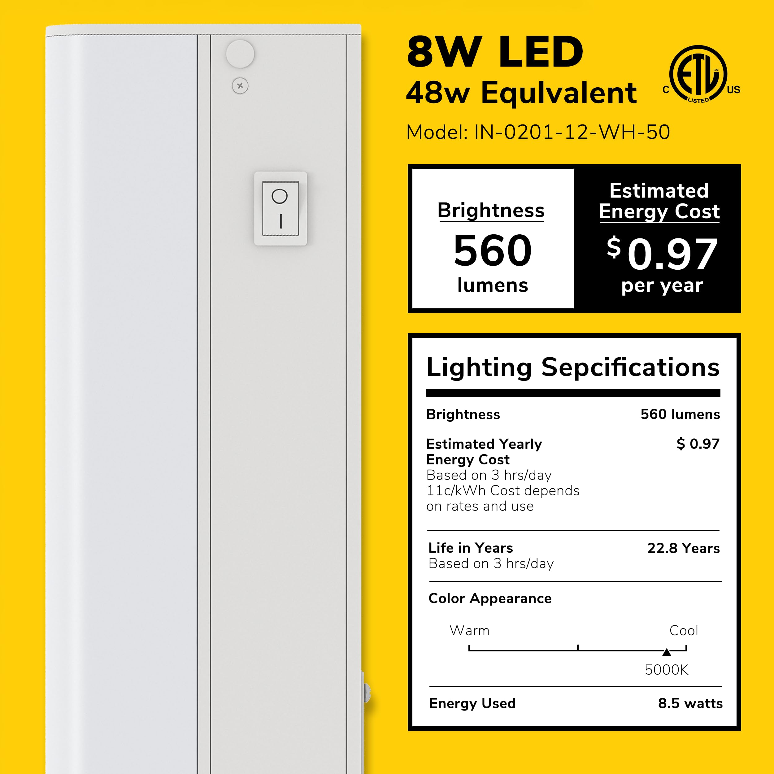 Getinlight 18-Inch Hardwired Only Led Under Cabinet Lighting, Daylight White(5000K), Dimmable, Matte White Finished, Etl Listed,