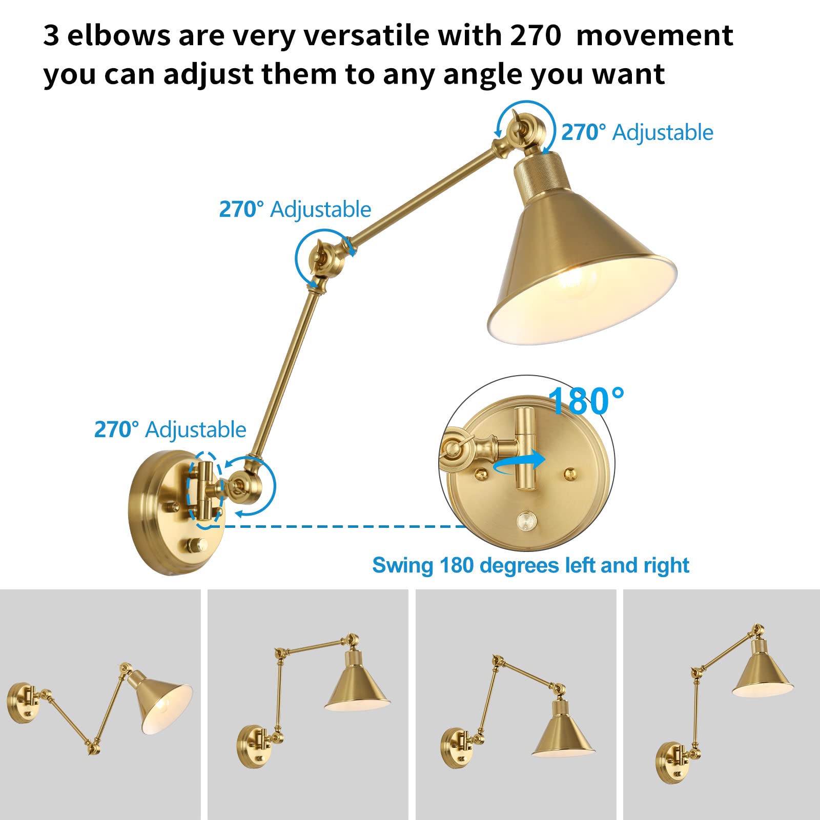 TRLIFE Wall Sconces, Dimmable Brass Swing Arm Lights, 2 Pack, Gold, E26 Base, UL Listed, Model Two-ArmsBr-01-2P