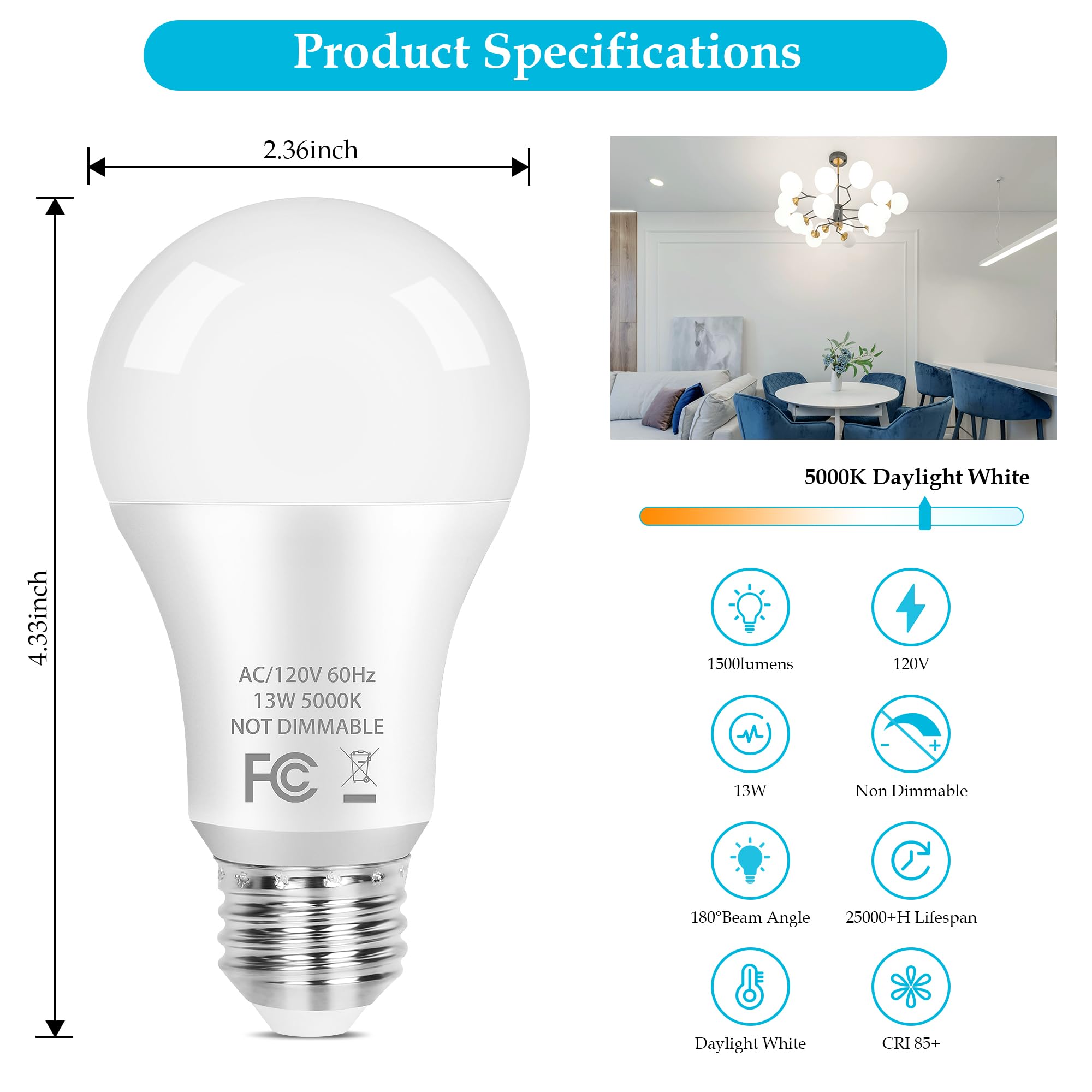 PARTPHONER A19 LED Light Bulb, 100W Equivalent, 13W, 5000K Daylight White, E26 Base, 20-Pack, CRI 85+,