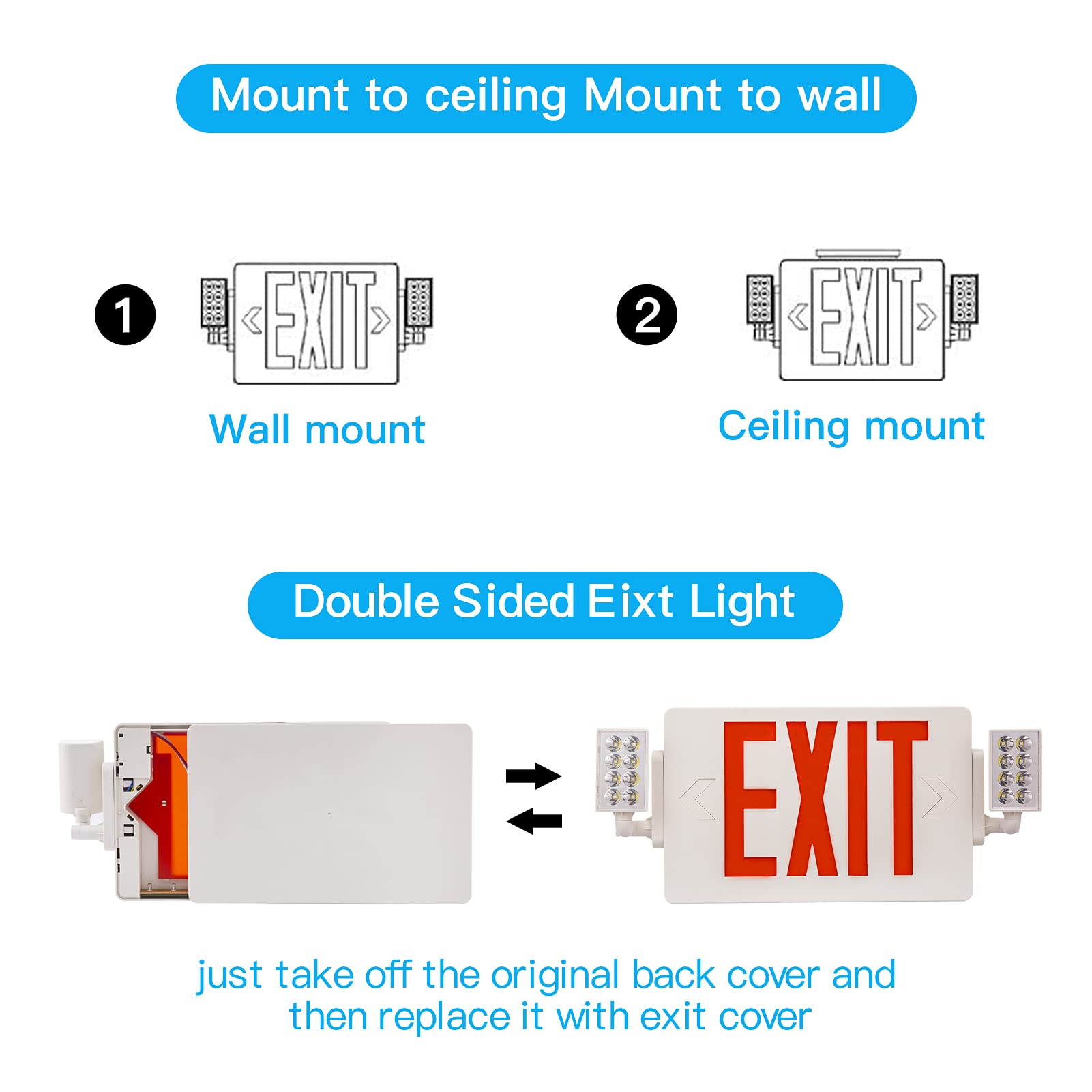 Exitlux 4 Packs Red Exit Sign-120-277V Double Face Ul Listed-Led Combo Emergency Light With Adjustable Two Head And Backup Batte