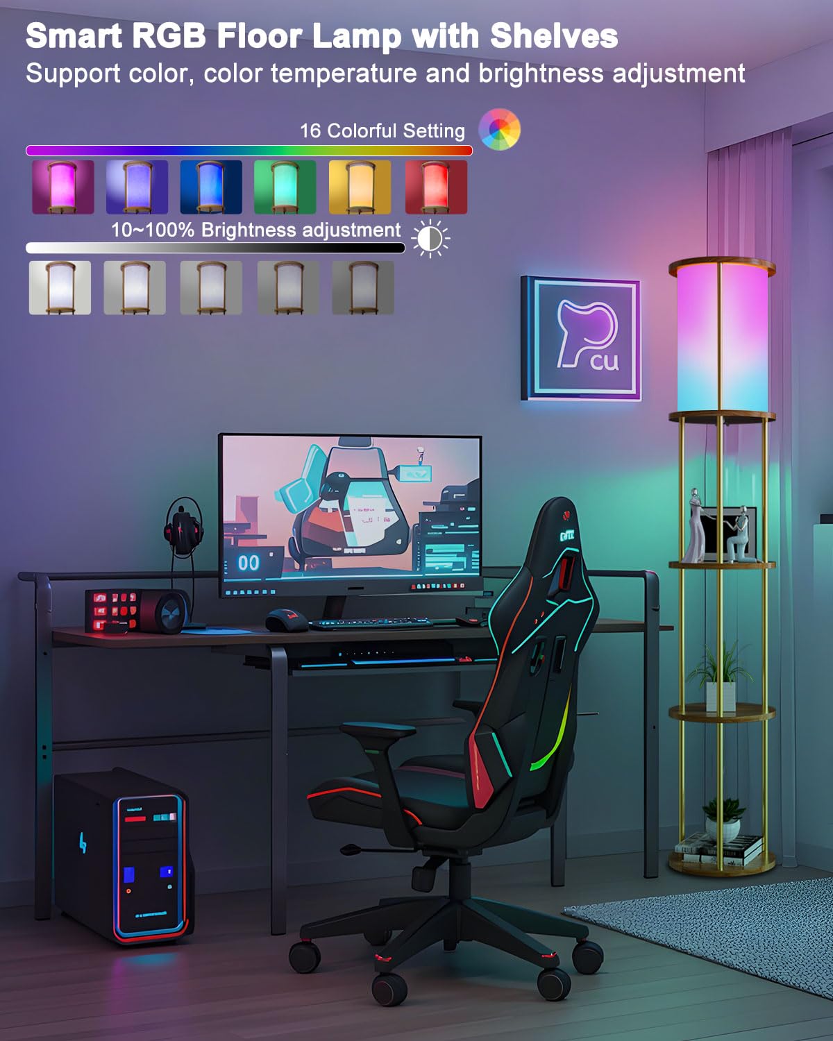 Lightdot 61 RGB Floor Lamp with Shelves - 3-Tier Storage Smart Remote Control Standing Lamp with Fabric Lampshade, E26 Bulb Incl