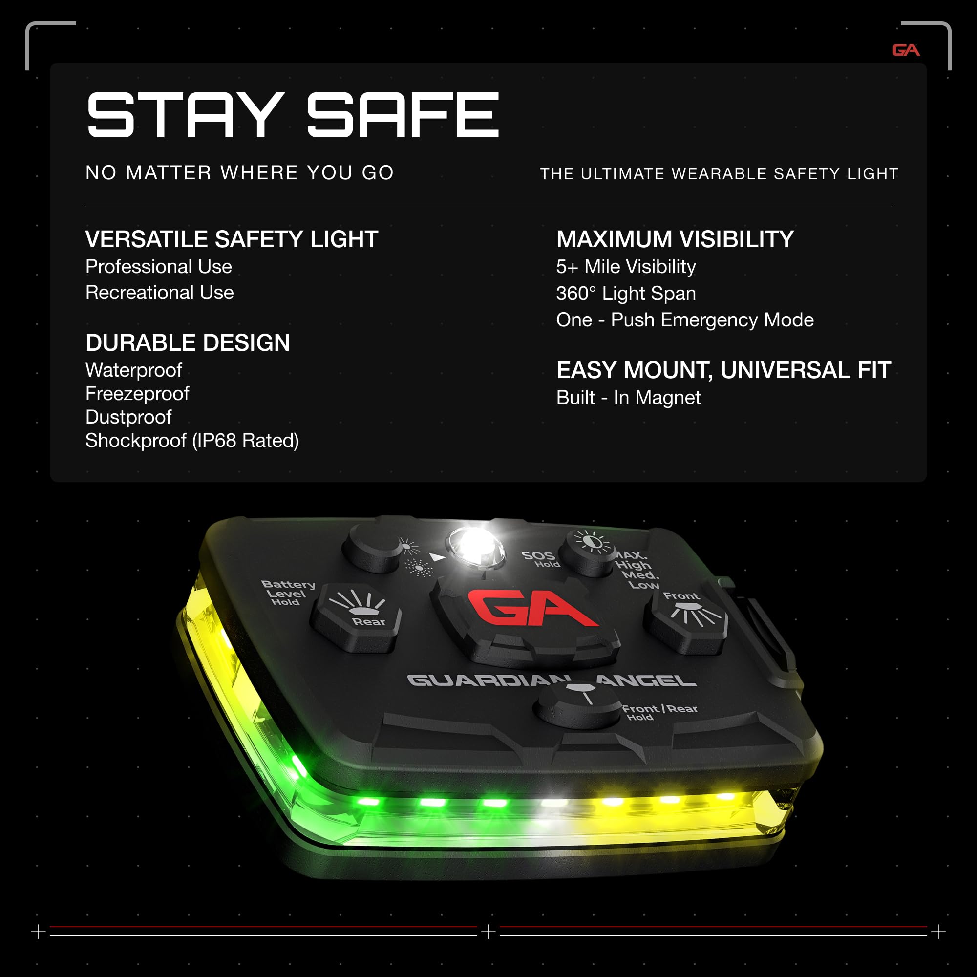 Guardian Angel Elite Series Safety Light (Green/Yellow Front & Green/Yellow Rear) - Rechargeable, Magnetic, Hands-Free Wearable