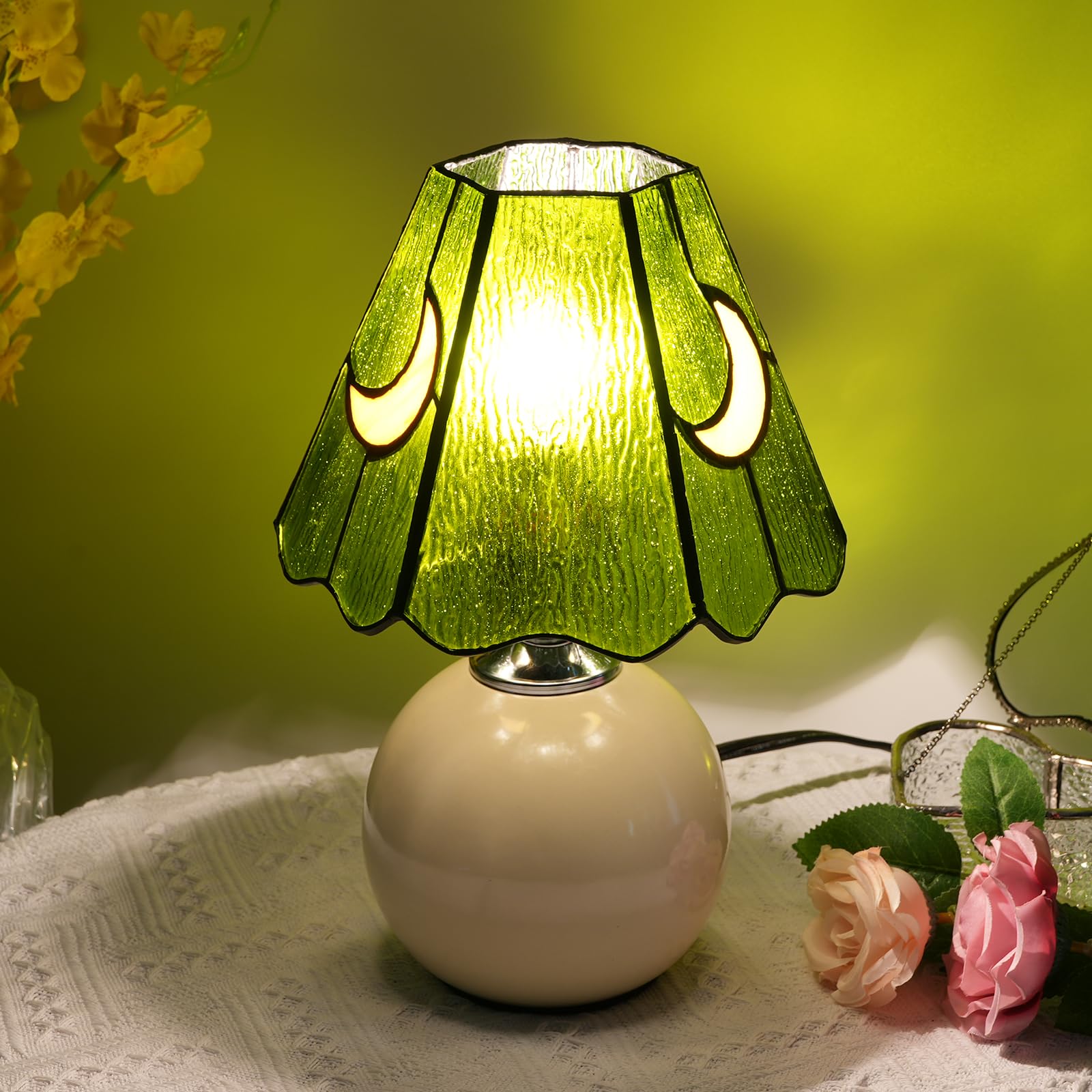 Kiphepi Mushroom Lamp-Small Bedside Table Lamp With Moon Glass, Nightstand Lamp For Bedroom, Living Room, Cafe, Bulb Included, Home Decor For Girls Women Birthday Christmas Thanksgiving Day, Green