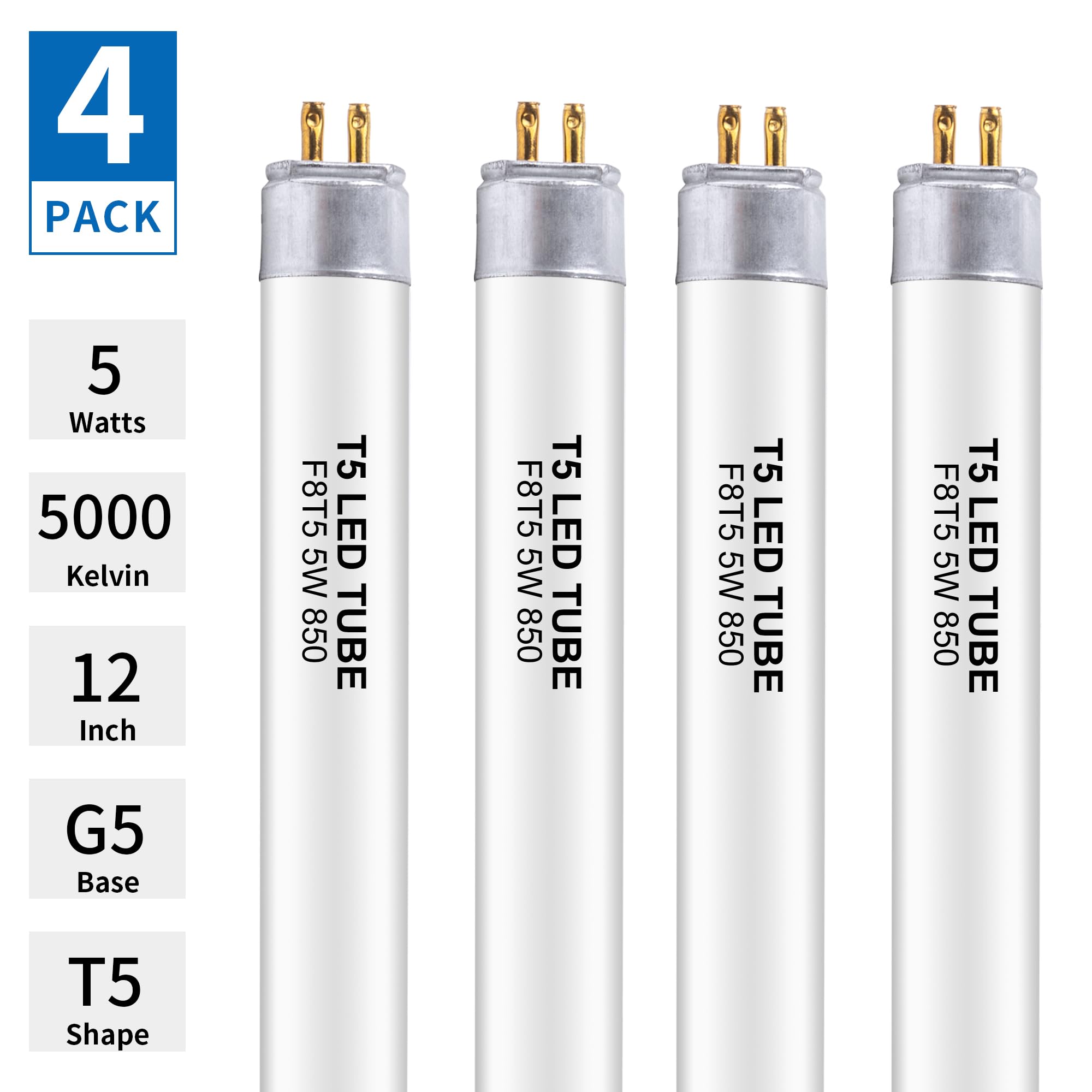 Wesome Lighting T5 LED Replacement Bulbs, 12 Inch, 5000K Daylight White, 5 Watts, 4 Pack, Ideal for Counter and Cabinet Fixtures