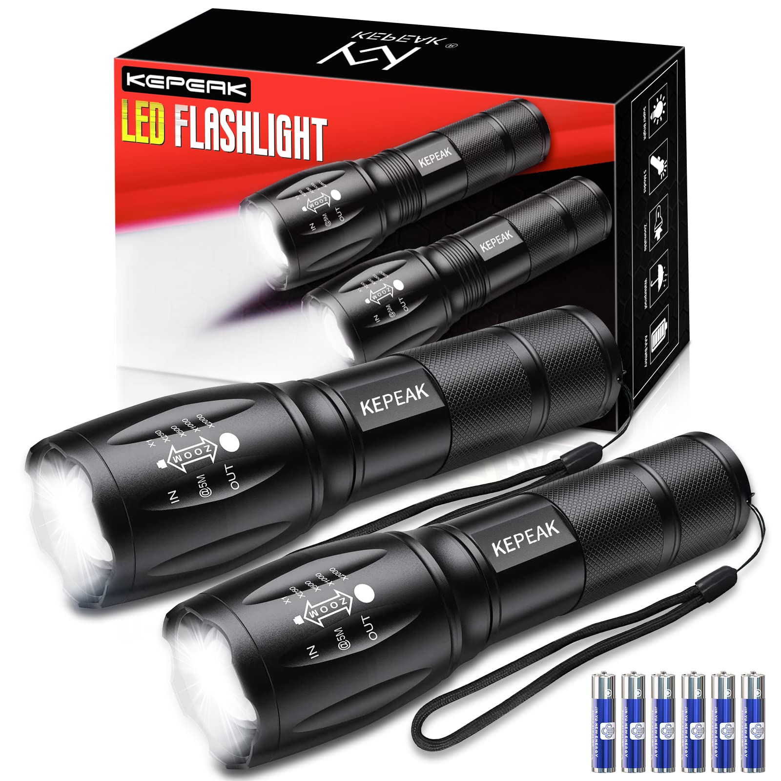 KEPEAK LED Flashlight, 5 Modes, IPX5 Water Resistant, Zoomable, 2 Pack with Gift Box, Black, Model L2flashlight2