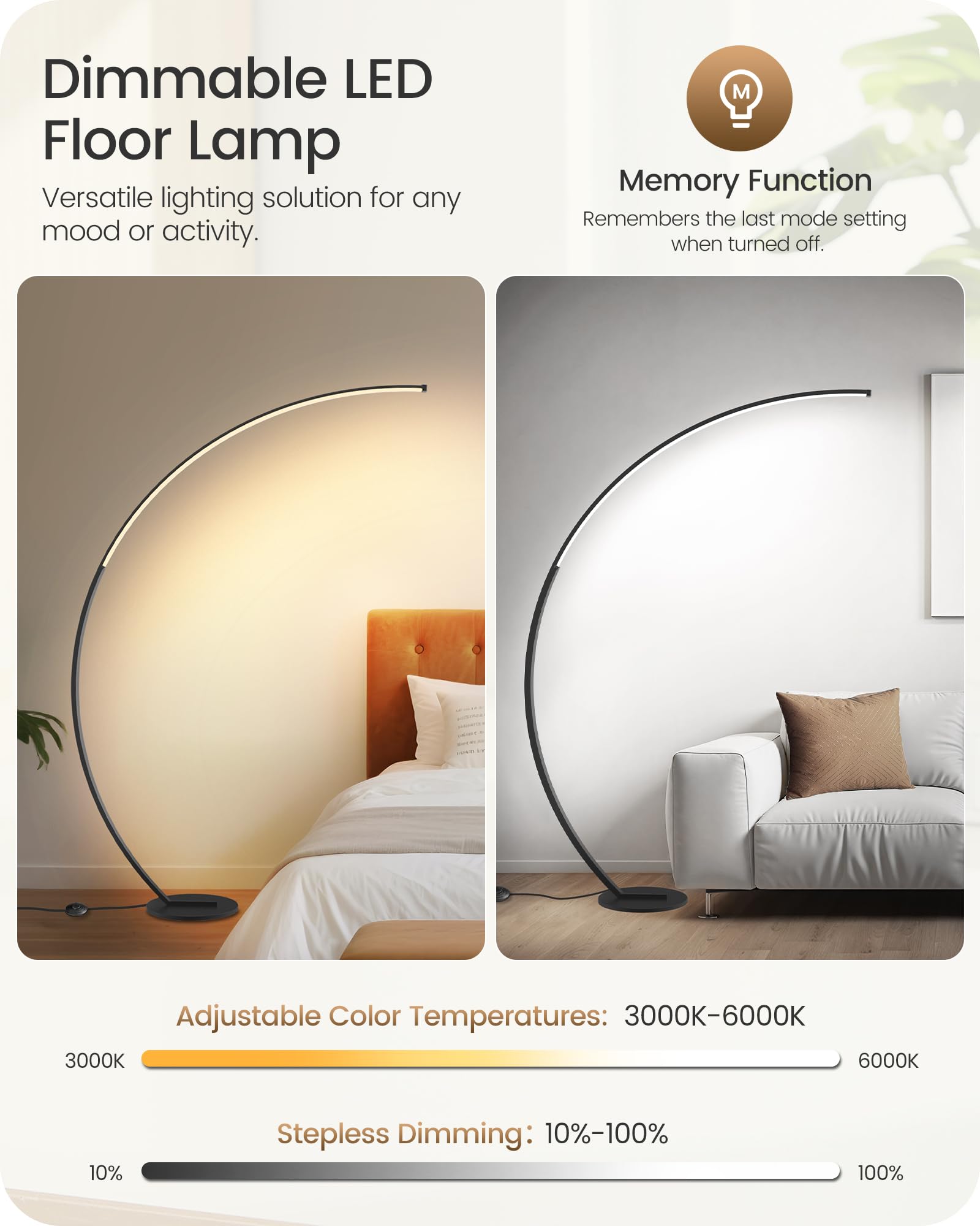 GOEBLESON 75in Dimmable LED Arc Floor Lamp, Metal, Remote Control, 3 Color Temperatures, Model B62LD05