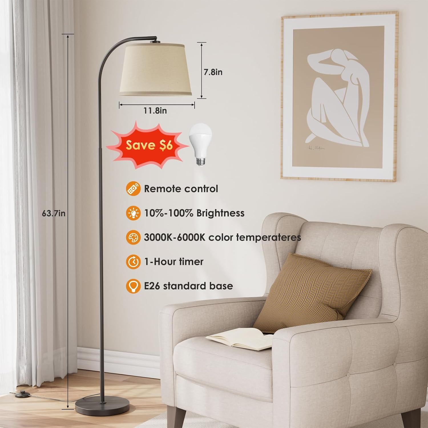Karjoefar Arc Floor Lamp, 64in Stepless Dimmable, 350° Rotatable Shade, Remote Control, Black, Metal