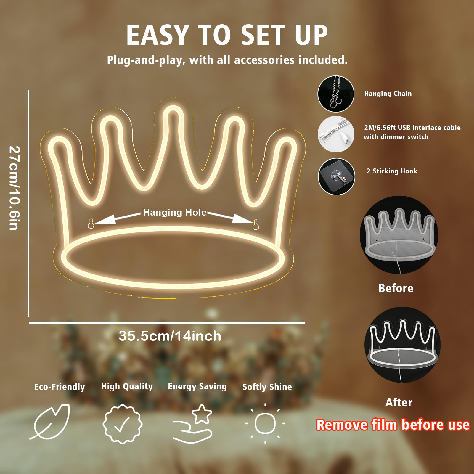 Wanxing LED Neon Crown Light - Acrylic Backboard Wall Decor - 14in x 10.6in - Warm White for Bedroom, Kid Room, Shop, or Party