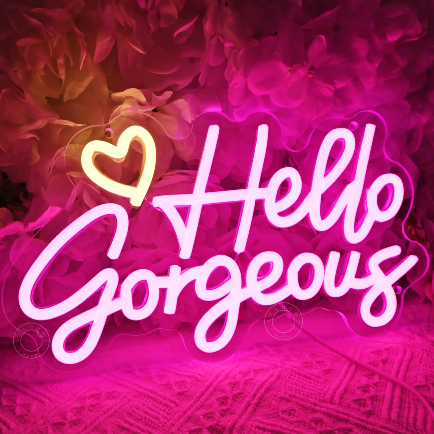SYLHOME LED Neon Light Sign - Hello Gorgeous - Acrylic Decor - 11.8in X 6.8in - Warm White and Pink - Bedroom/Salon/Wedding Decoration