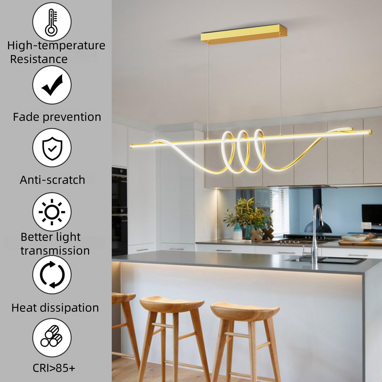Zihoi Modern LED Pendant Light, Dimmable with Remote, 3000K-6000K, 57in Gold, Aluminum Ceiling Chandelier for Kitchen/Dining Room