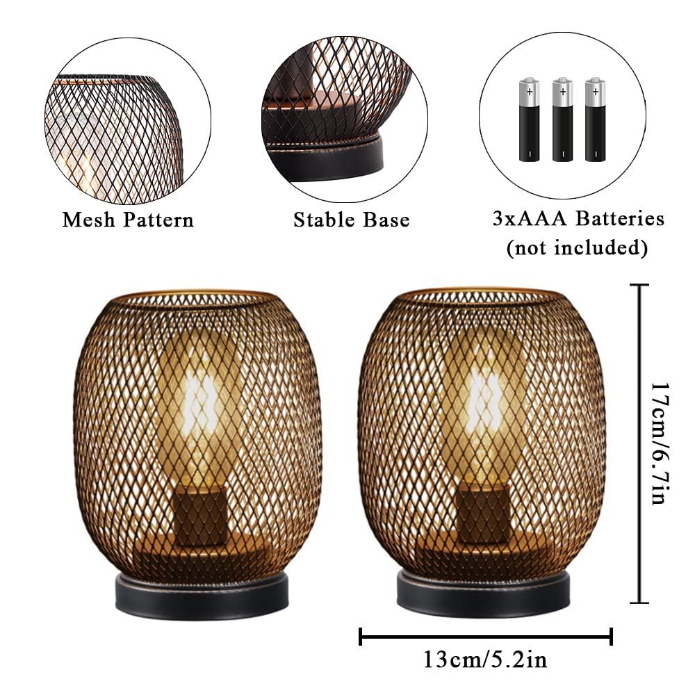 JHY DESIGN Metal Cage LED Lantern Set of 2, Battery Powered, Round Shape, Bronze, Model JHY30132S-R, Indoor/Outdoor Use