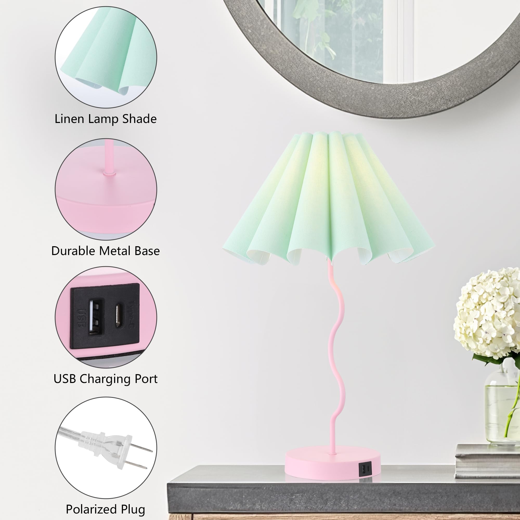 EOEYYOYB Pleated Table Lamp, Linen Lampshade, Modern Design, Pink, Model 2097