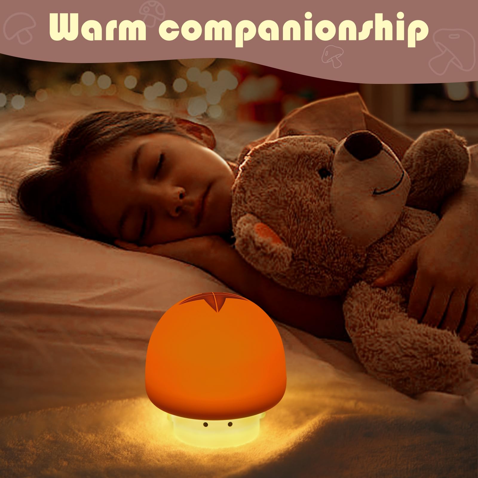 YISUN Mushroom Night Light, Rechargeable LED Lamp, 3 Level Dimmable, Cute Silicone, Brown, Model A021