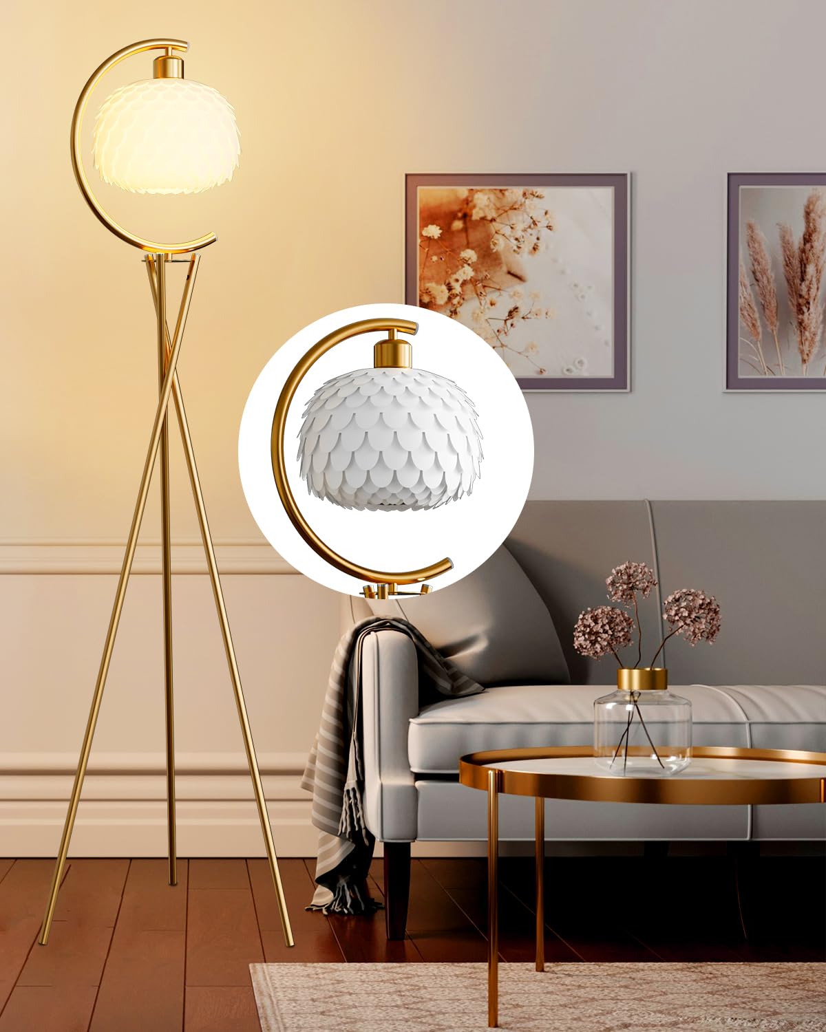 Lightdot Modern Floor Lamp with Arc Imitation Feather Lampshade Gold Tripod Floor Lamp with E26 3000K Bulb Stable Base Vintage T