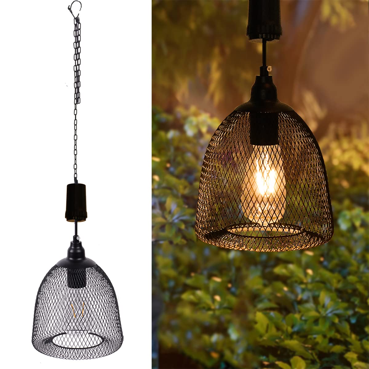 Battery Operated Hanging Light -Retro Decor Lamp Black Metal Mesh Lamp Edison Bulb Lights With 6 Hours Timeroutdoor Pendant Chan