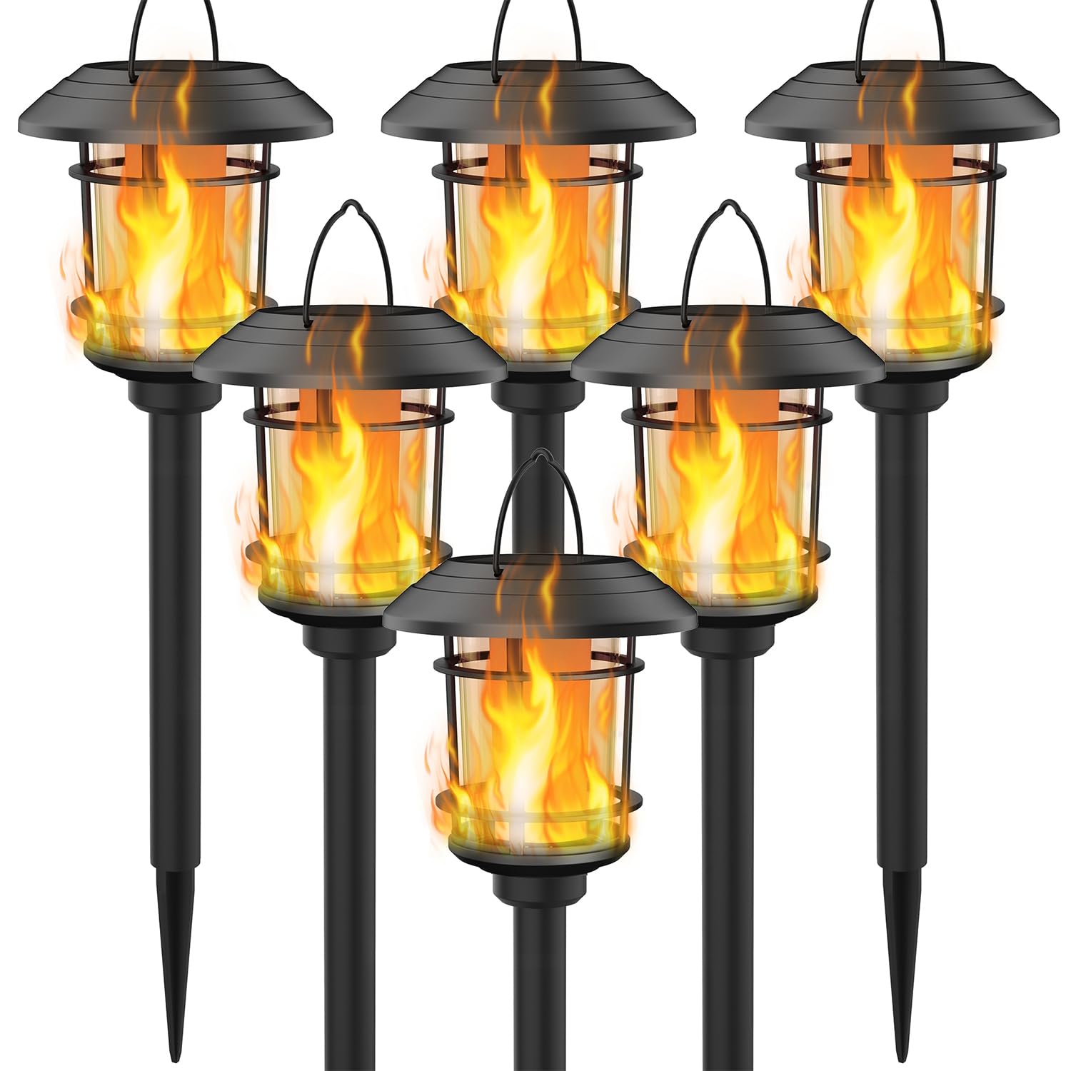 Dynaming 6 Pack Solar Flame Torch Lights Outdoor, Dual Use Flickering Flame Garden Light, Hanging Lantern Lights, Auto On/Off & 