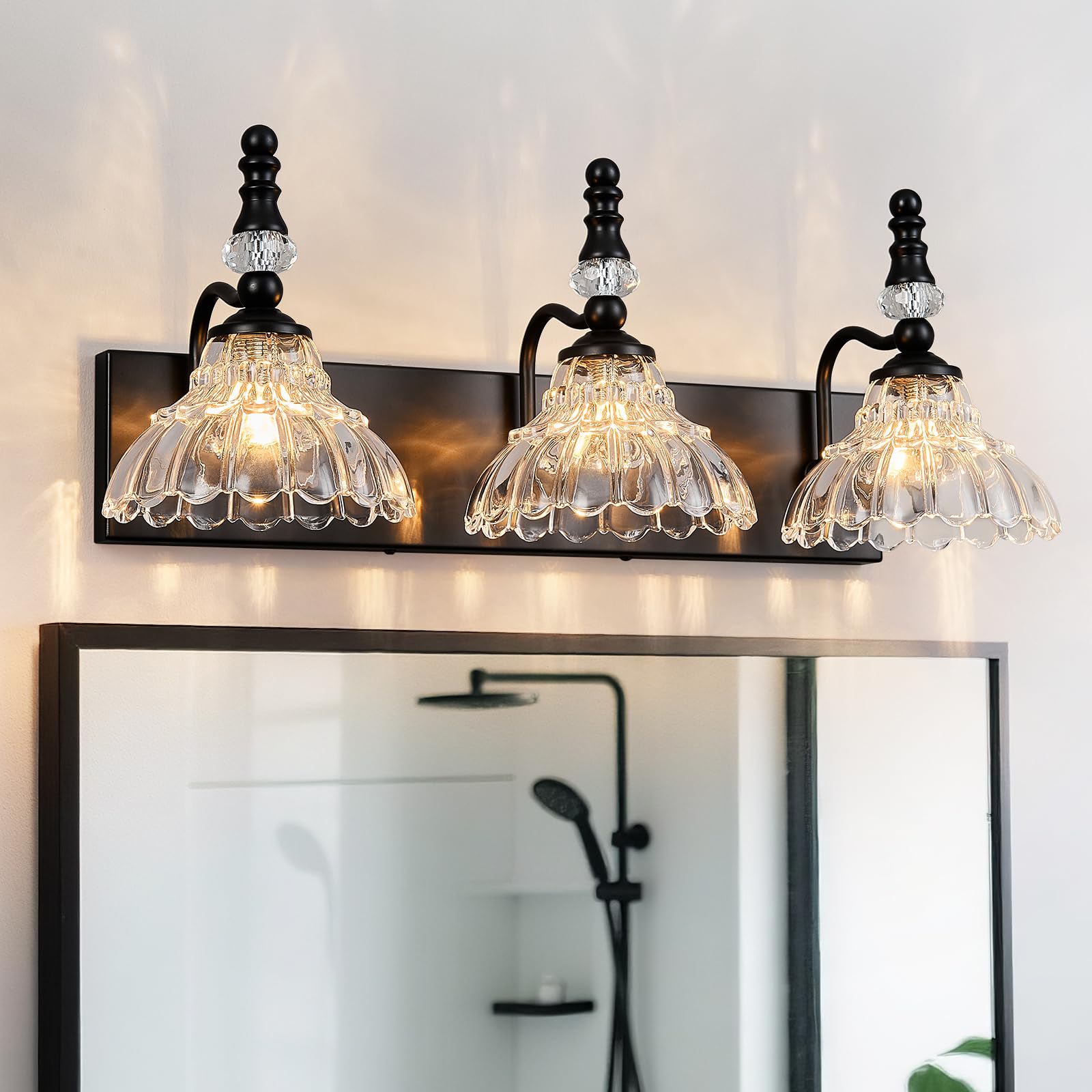 Lbsqj Vintage Bathroom Vanity Light  3-Light Black Vanity Lighting Fixture With Flower Glass Shade  Bathroom Lighting Fixtures Over Mirror