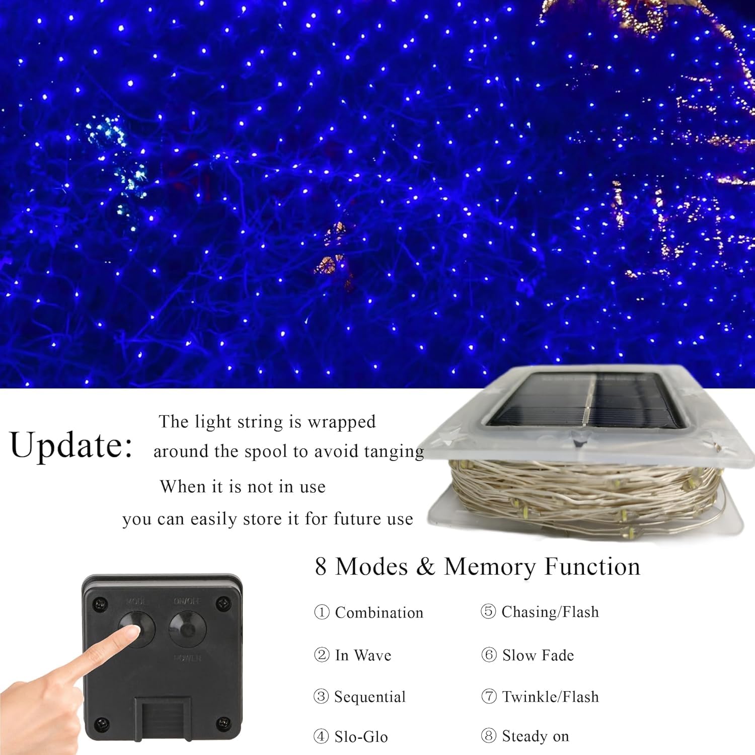 Lomotech Solar String Lights - 200LED Waterproof Fairy Lights, 66ft, Blue, 8 Modes, Outdoor, Patio, Garden, Wedding, Party Decor