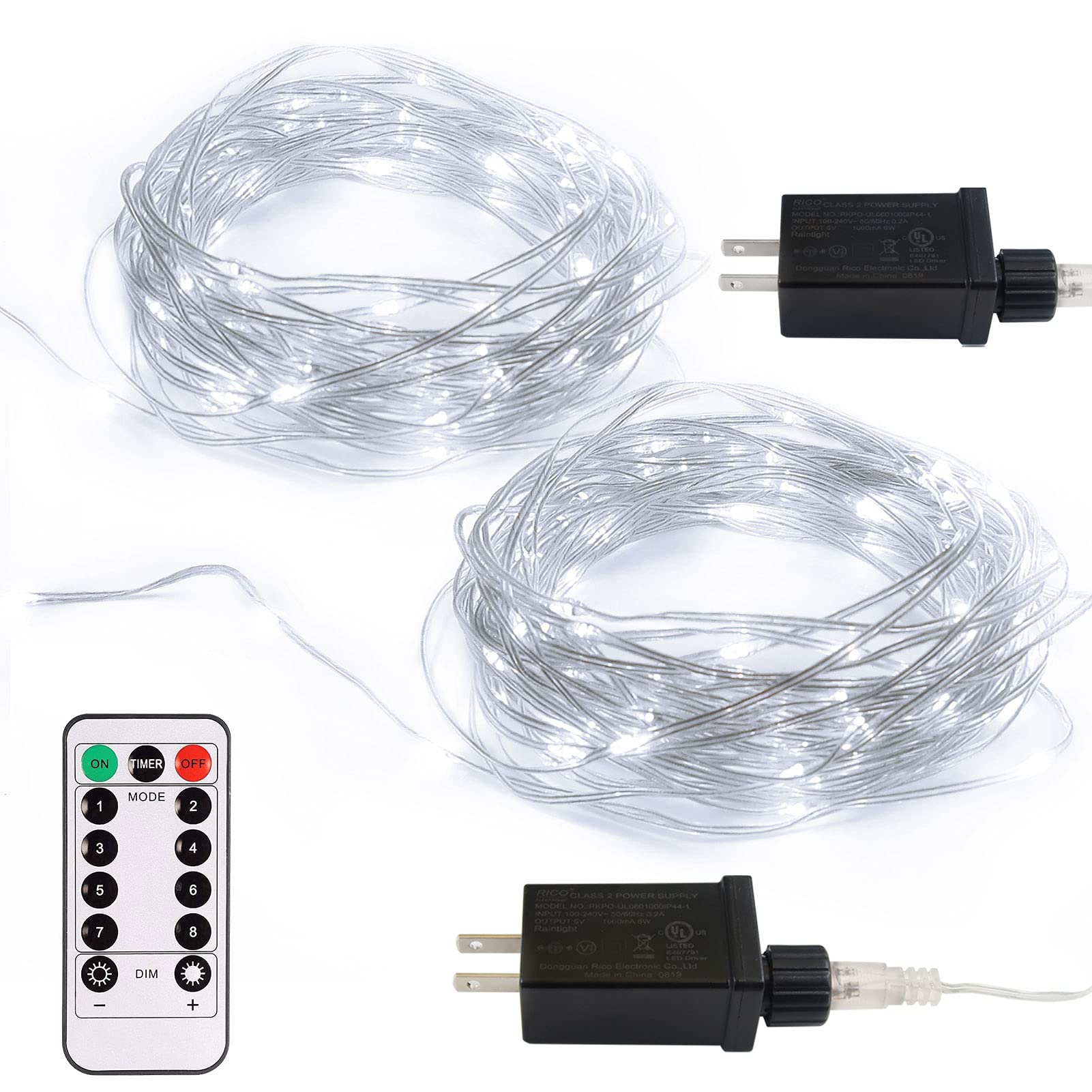echosari 2 Pack Fairy String Lights, 33Ft 100 LED, IP68 Waterproof, 8 Modes, Dimmable, Cool White, Model DMO-610