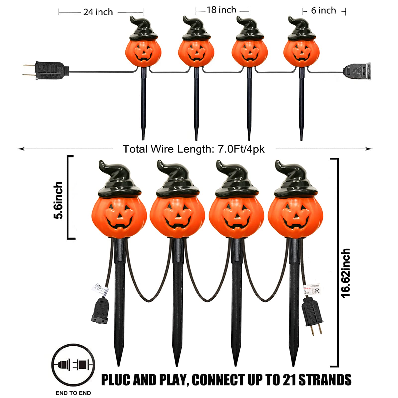 Halloween Pumpkin Pathway String Lights 4 Jack-O-Lantern Stakes Lights With C7 Bulbs  7Ft Extendable Wizard Hat Pumpkin Markers Lights For Outdoor Halloween Lawn Pathway Walkway Driveway Lighting