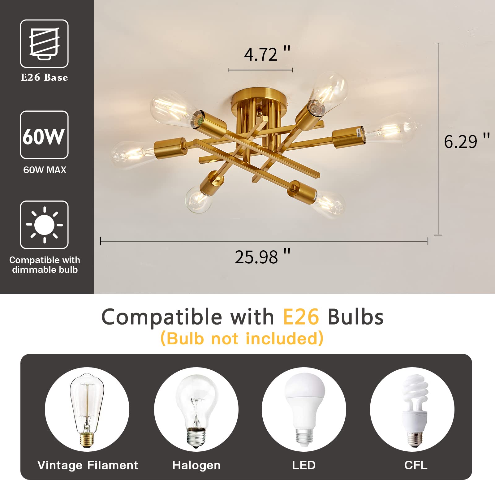 Asgyisa 6-Lights Semi Flush Mount Ceiling Light Fixture Gold Modern Matte Sputnik Chandelier Vintage Ceiling Lamp Farmhouse For