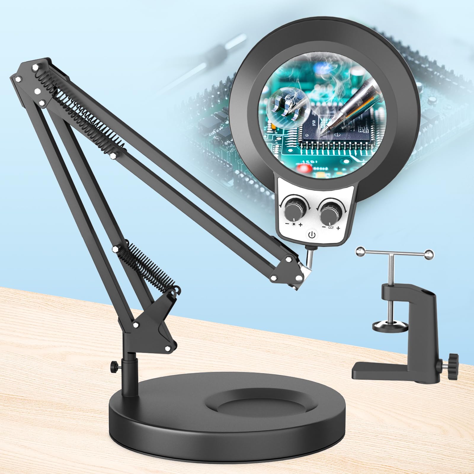 12X & 30X Magnifying Glass with Light, New Upgrade Infinite Color and Brightness Desk Lamp & Clamp, 2-in-1 LED Lighted Magnifier