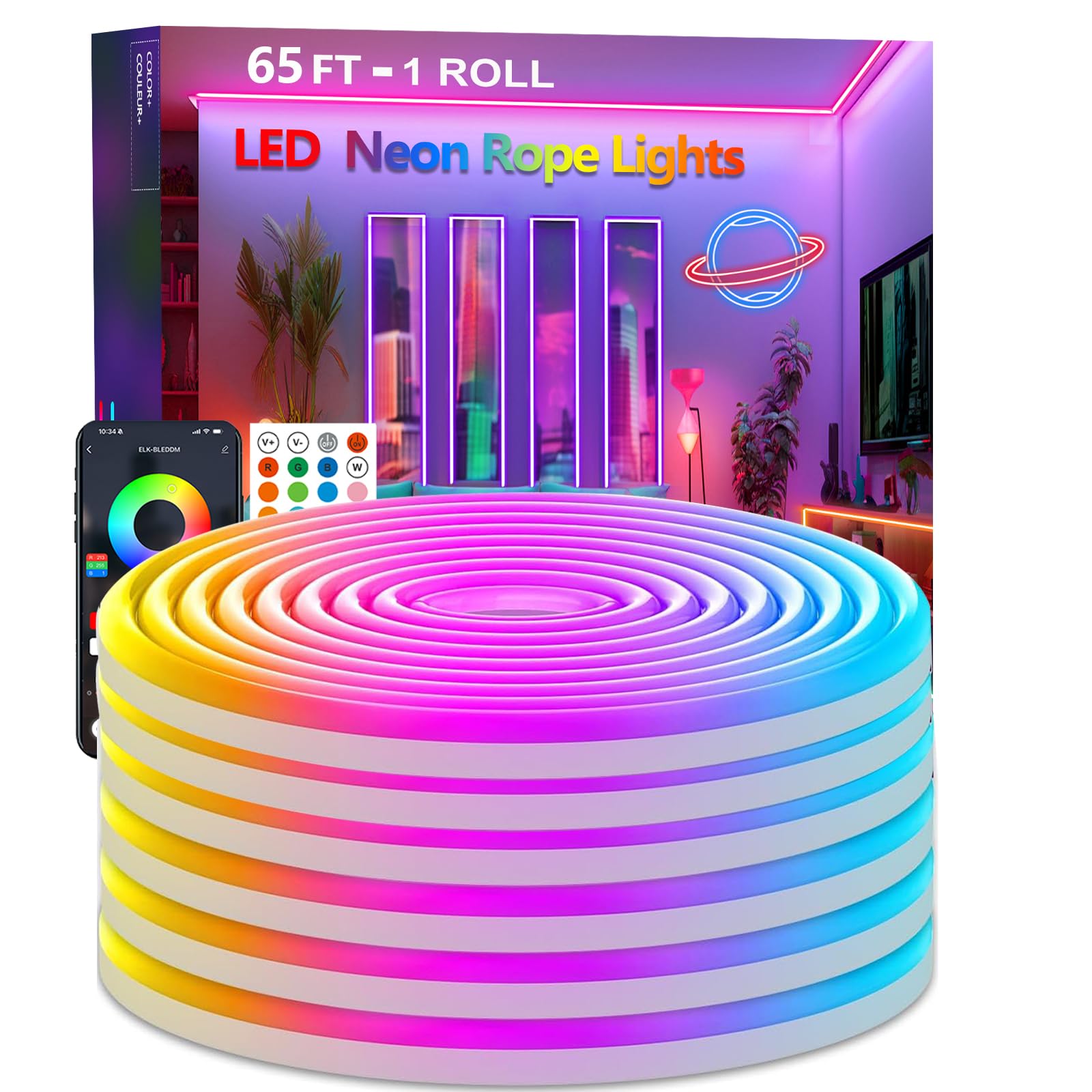httpsmp Neon Rope Lights, IP67 Waterproof, Music Sync, 65.6FT, RGB Color, Flexible LED Light Control with App/Remote