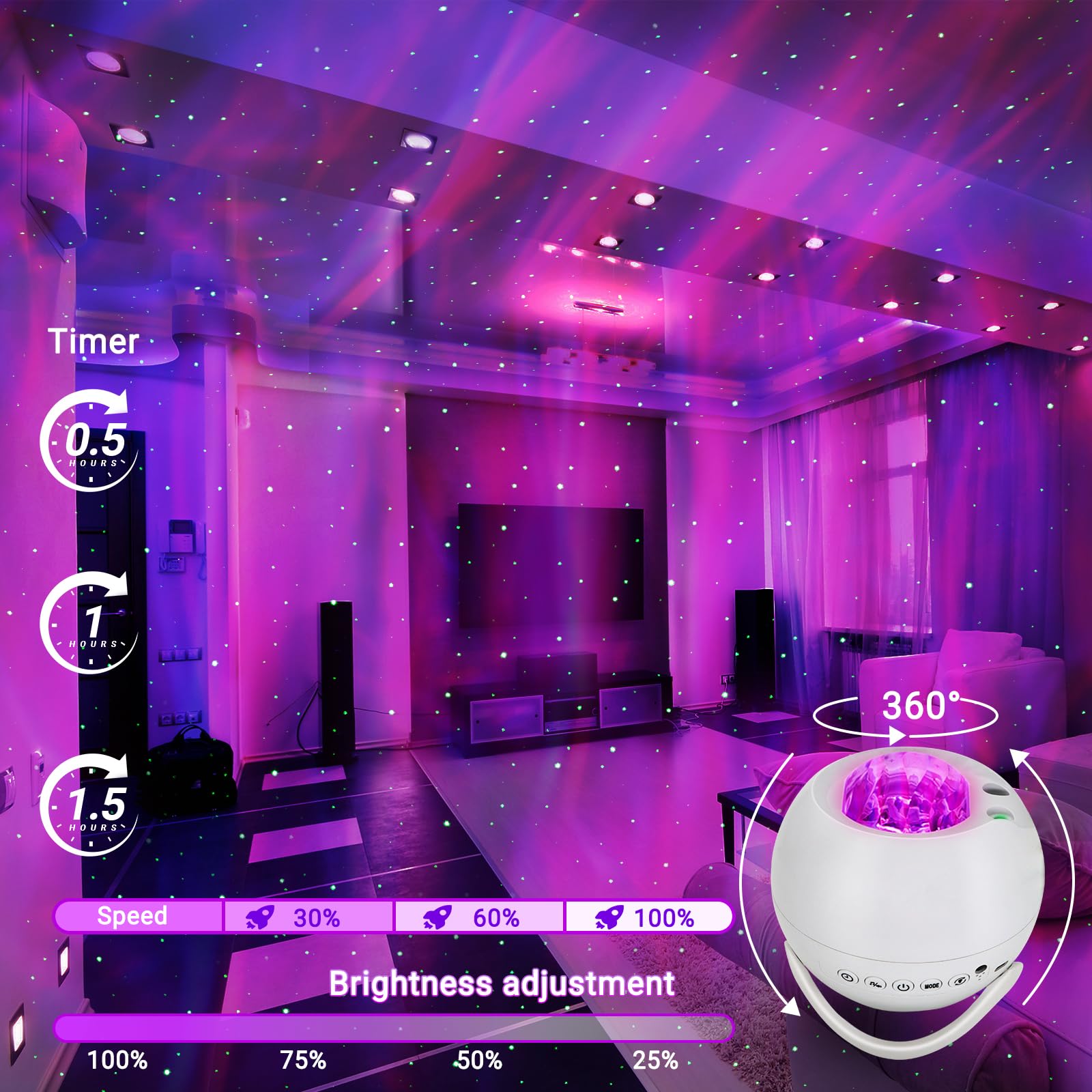 HERHOTER Star Projector with Bluetooth Speaker, Remote Control, White Noise, 5.3in, White, Model BL-XK09-05, for Game Room & Bedroom
