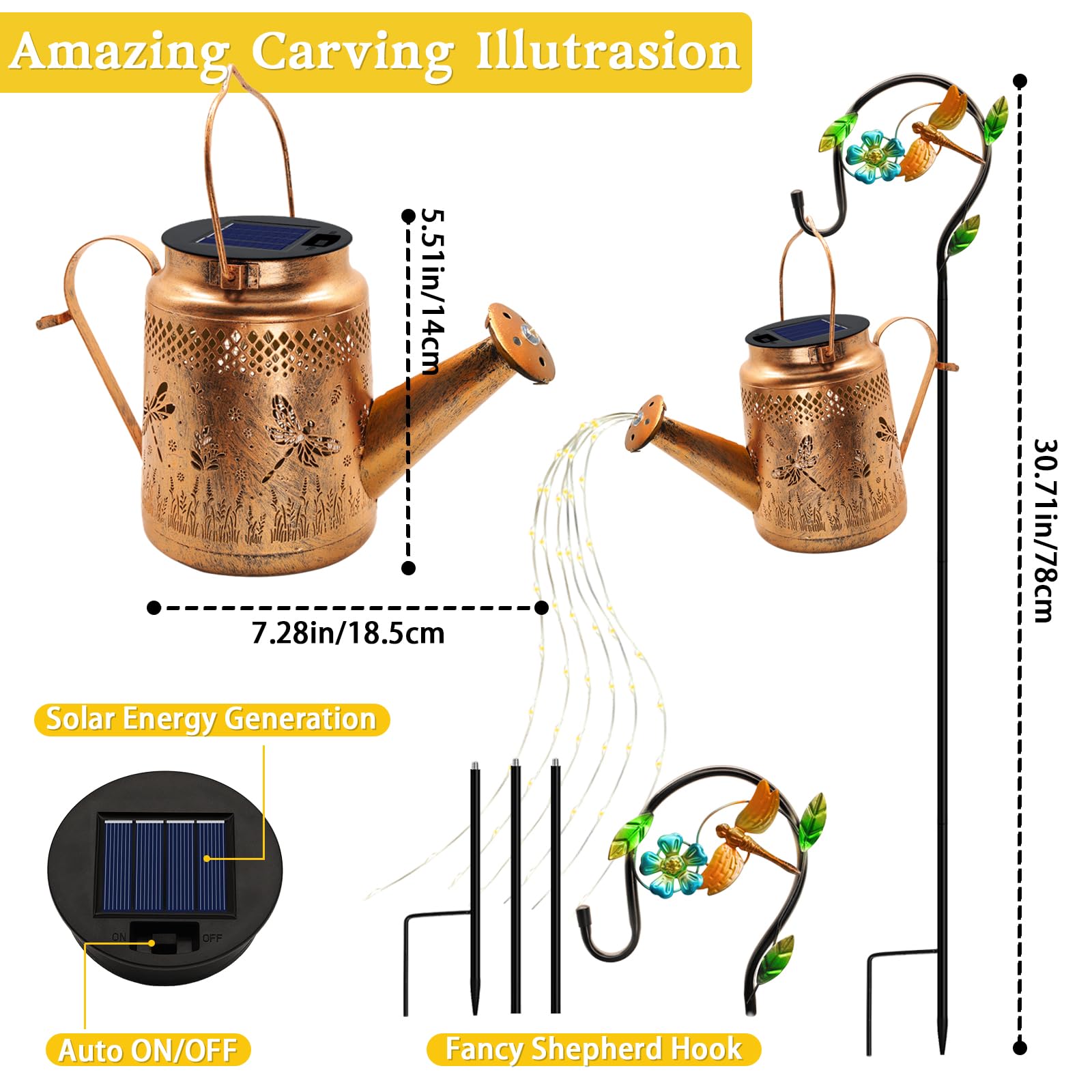 Solar Powered Dragonfly Watering Can Lights Waterproof Outdoor Garden Decor With Shepherd Hook, Hanging Patio Lights For Yard, P