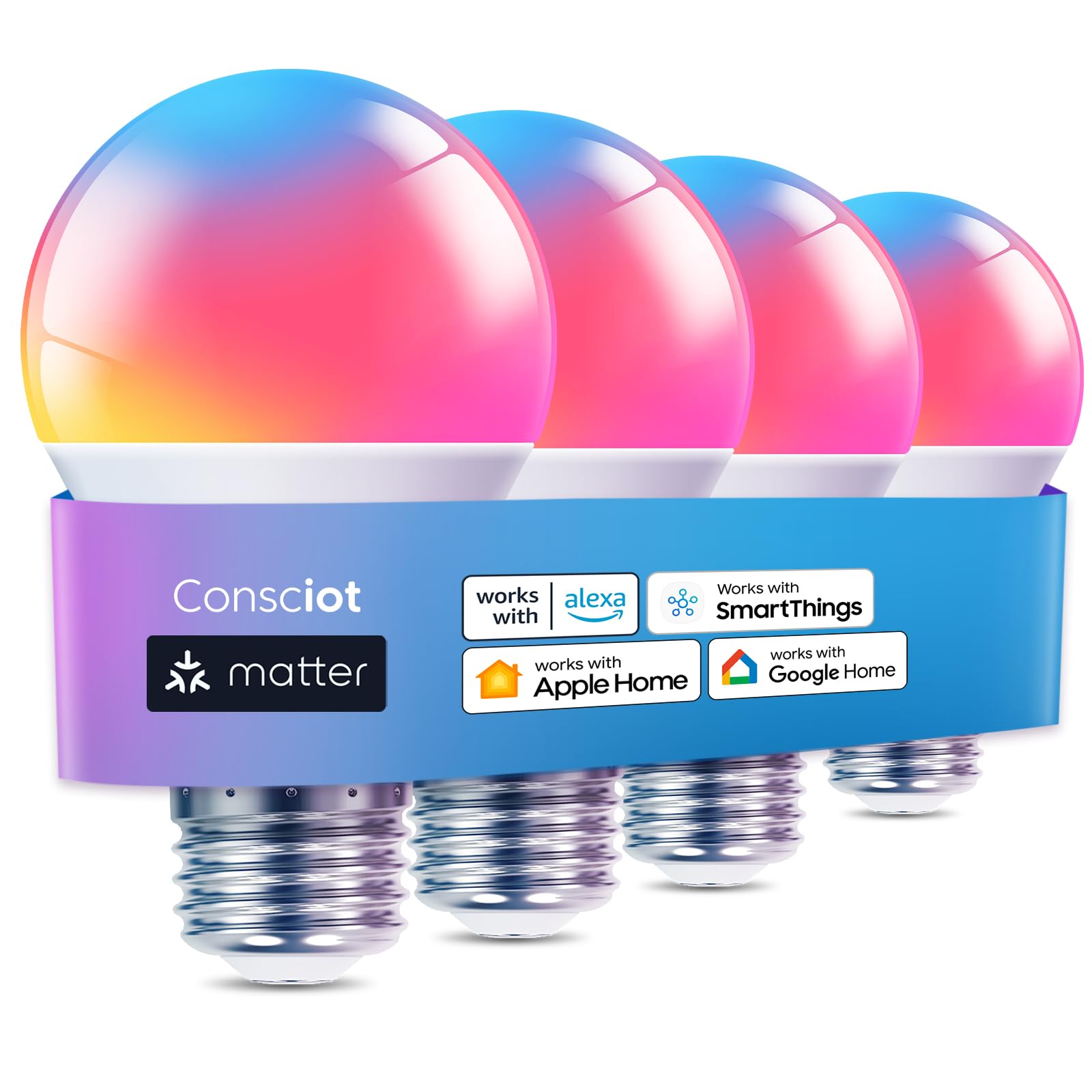 Consciot Smart Light Bulbs A19 E26 WiFi Bluetooth 800 Lumens 4 Pack Matter Certified