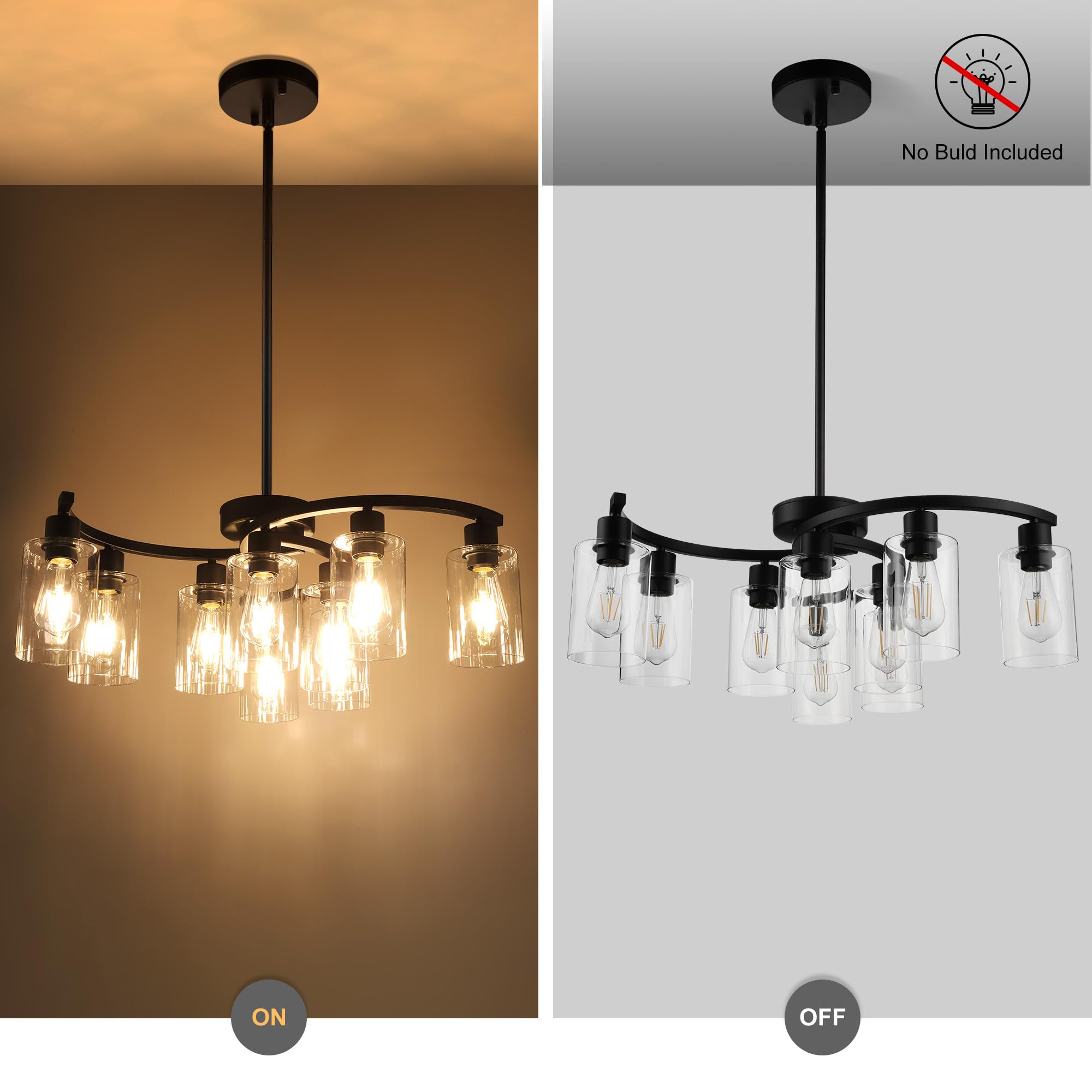 CNRATYE 9-Light Black Modern Chandelier, Adjustable Height Glass Shade, Industrial Design for Dining Room & Kitchen
