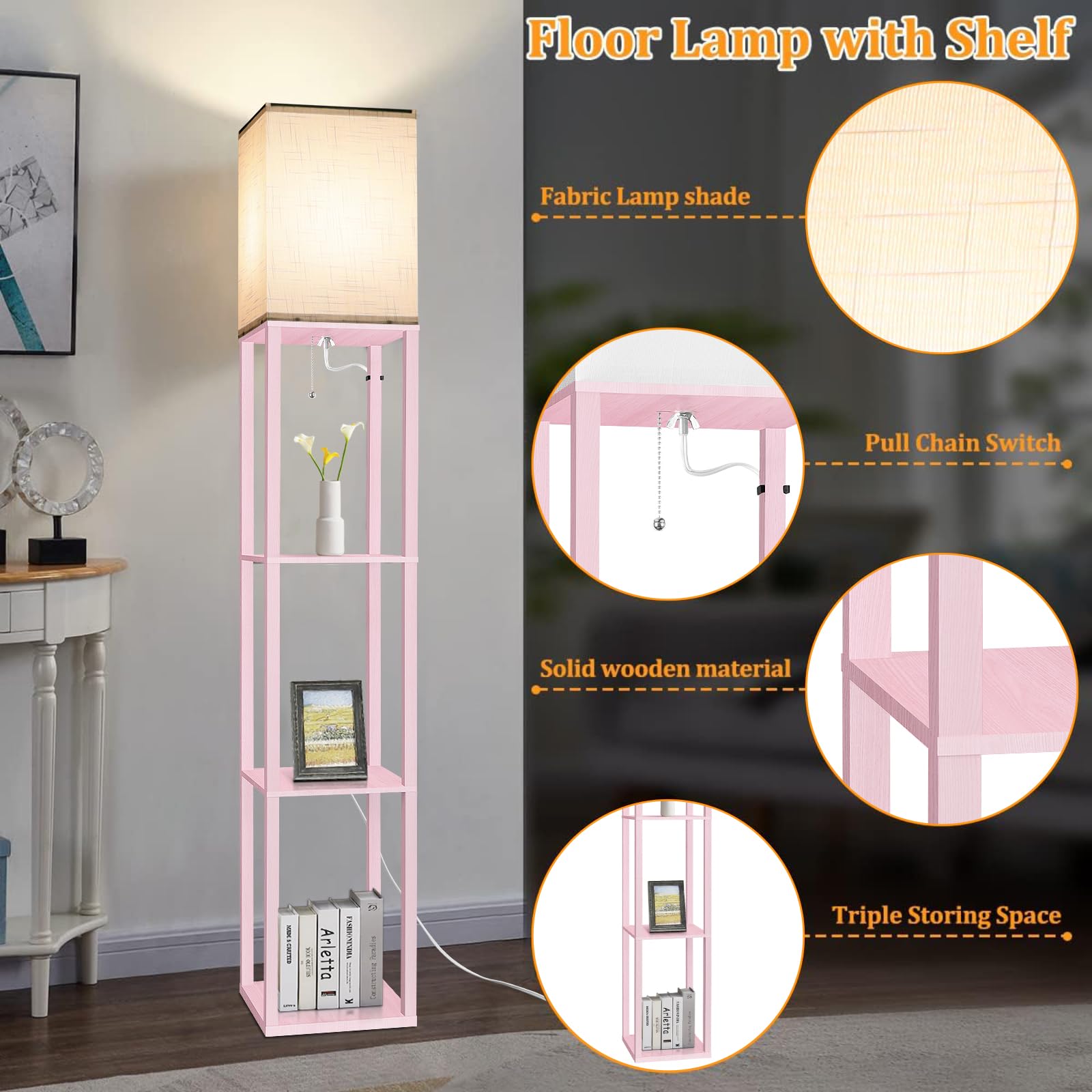 Dott Arts Floor Lamp with Shelves, 10.2in Wide, Wood, Pink, Model WLM1600-FLA-8W-13, Modern LED Standing Lamp for Living Room and