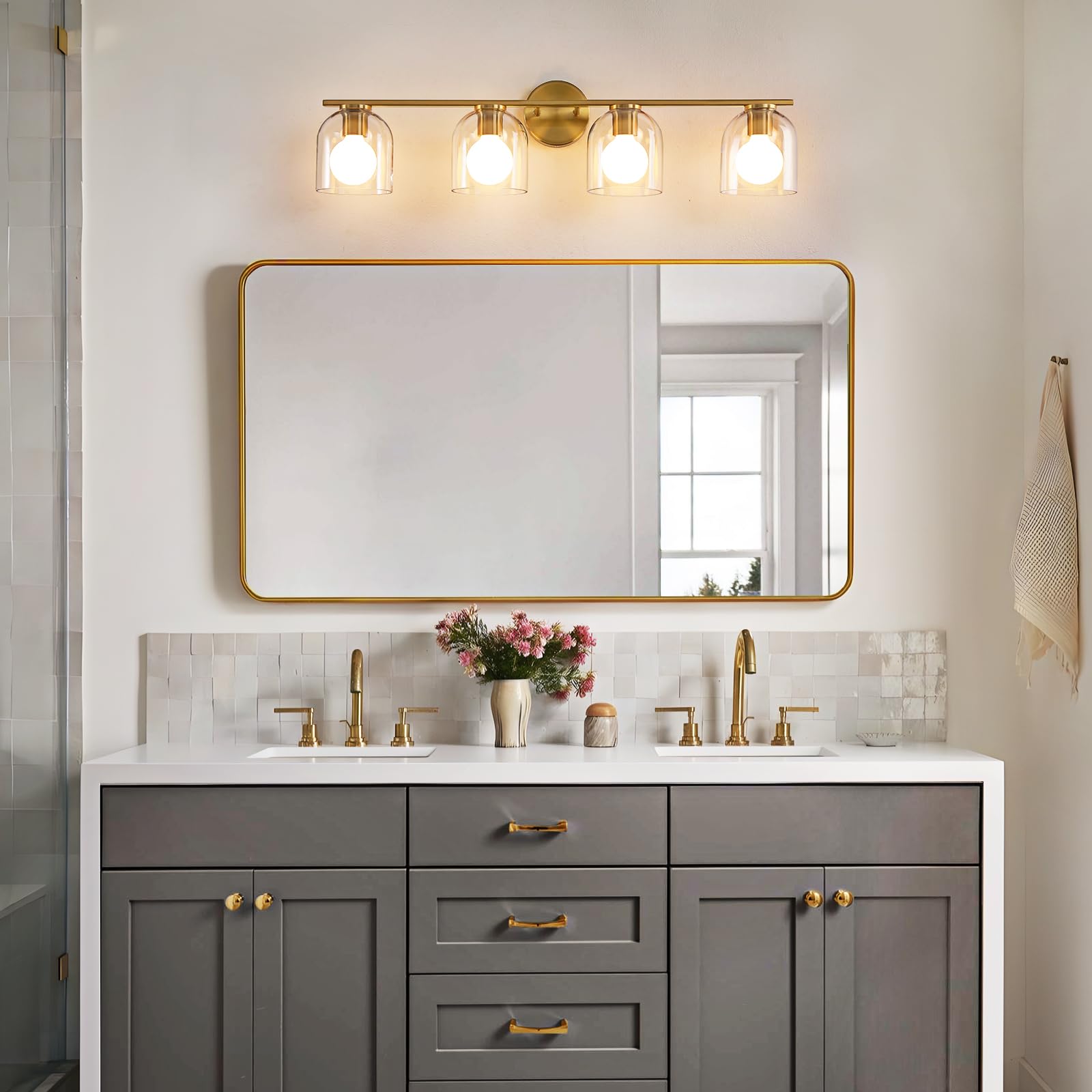 Woshitu Bathroom Vanity Light Fixtures: 32.3 Inch Modern Brushed Gold Bathroom Light Fixtures Over Mirror With Clear Glass Shade