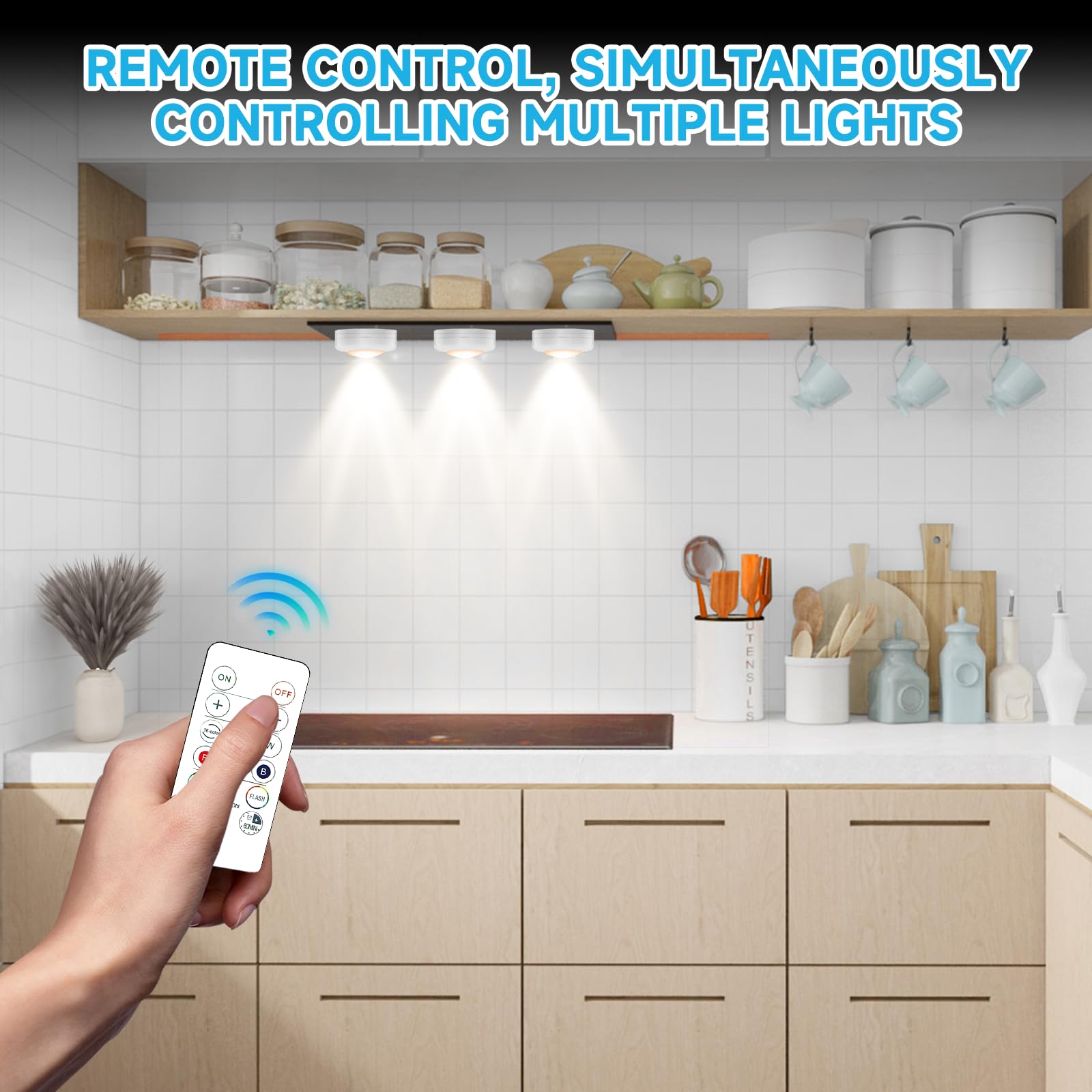 Lilampts LED Puck Lights, Wireless Under Cabinet Lighting, Color Changing, 6 Pack, White, Battery Operated, Remote Control