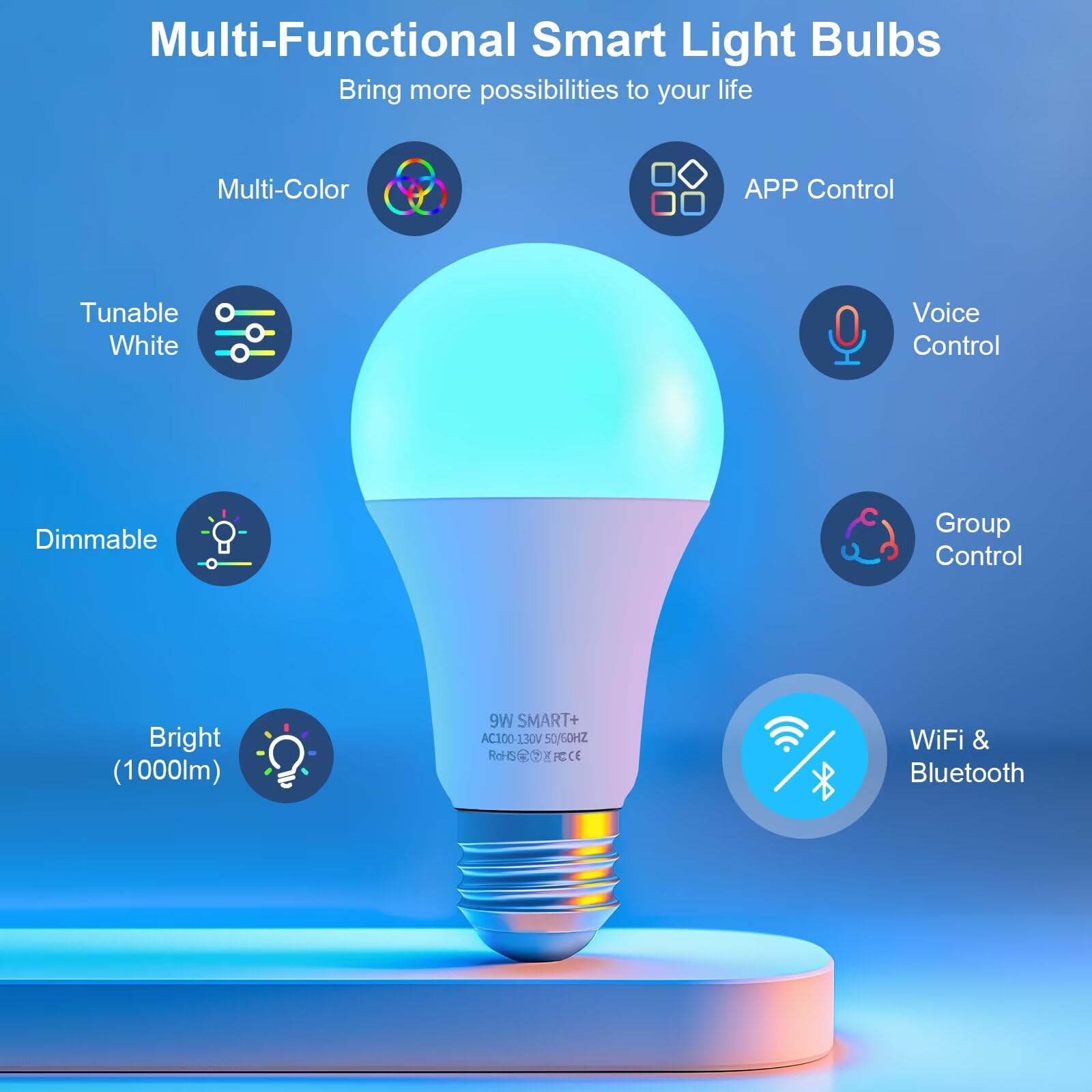 Frideko Home 4 Pack Led Smart Light Bulbs - Wi-Fi & Bluetooth Light Bulbs, Color Changing Light Bulb Compatible With Alexa And G