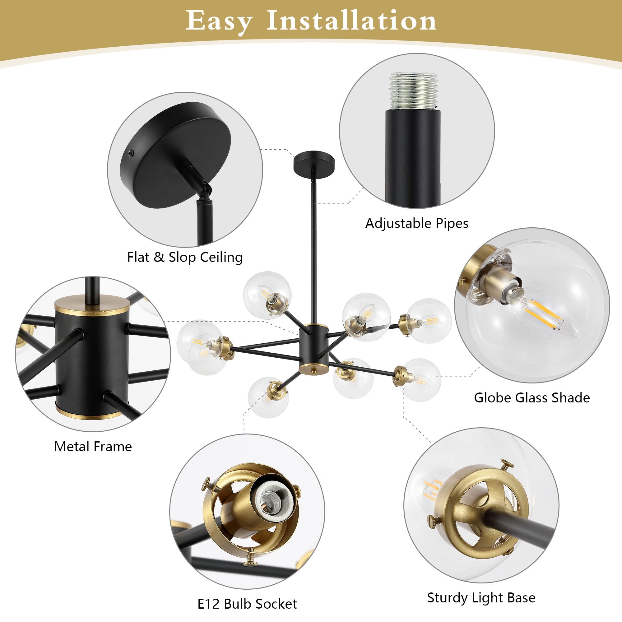 Wingbo 8-Light Sputnik Chandelier, Modern Pendant Light Fixture With 4.7" Clear Glass Globe Shade For Flat And Slop Ceiling, Height Adjustable For Kitchen Living Room Dining Room Bedroom, Black