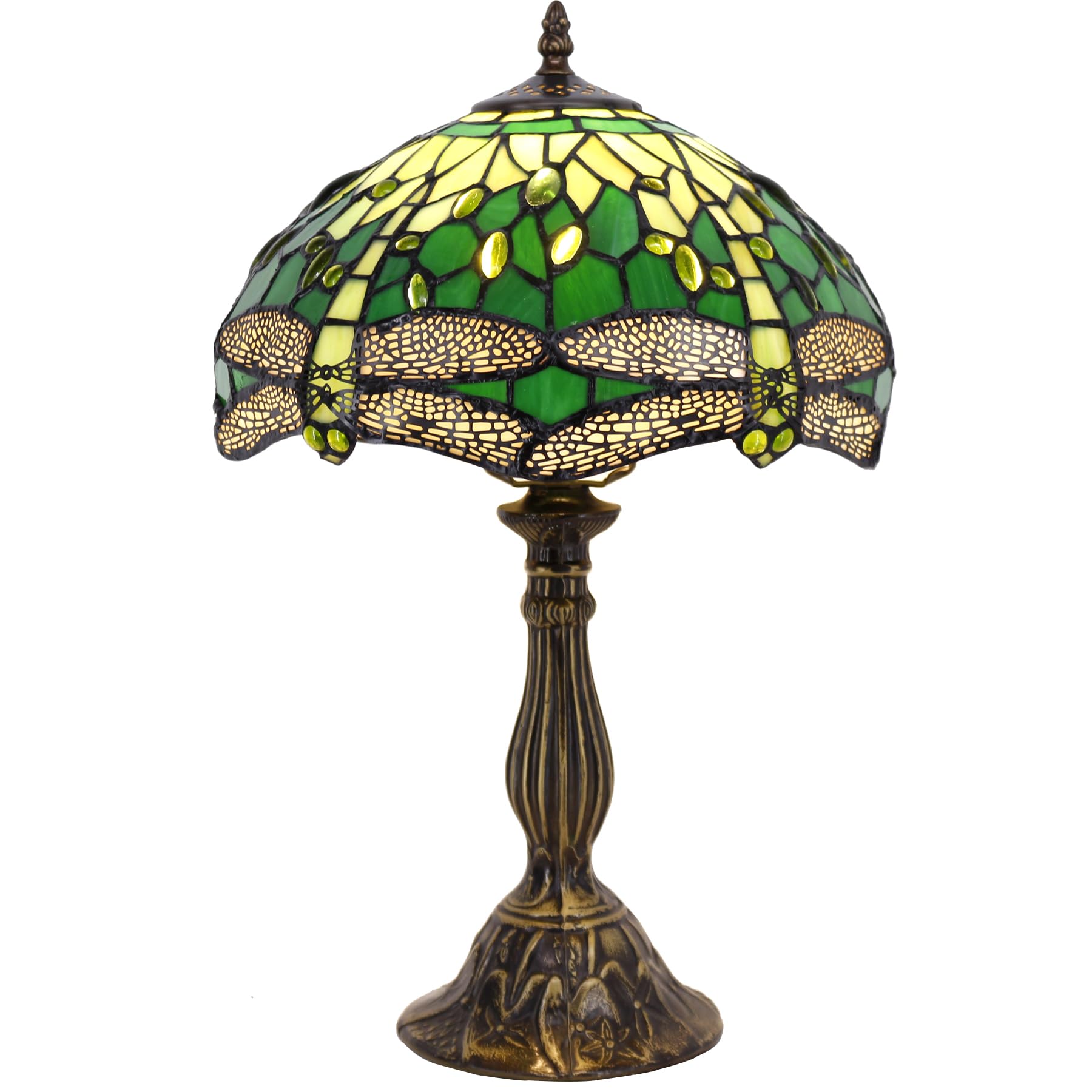 WERFACTORY Tiffany Lamp Green Stained Glass Bedside Table Lamp Dragonfly Style Desk Reading Light 12X12X18 Inches Decor Bedroom 