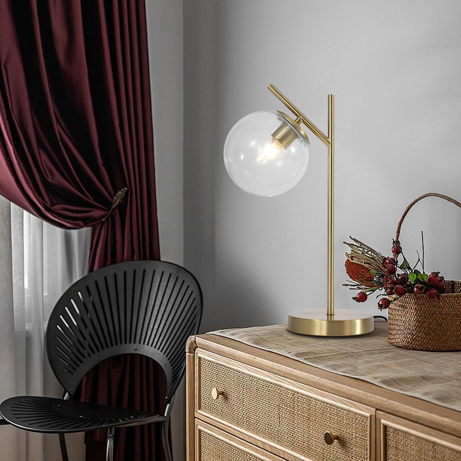 Fulesi Mid Century Modern Table Lamp Contemporary Metal Brass Bedside Lamps With Clear Glass Lampshade Gold Globe Nightstand Lam