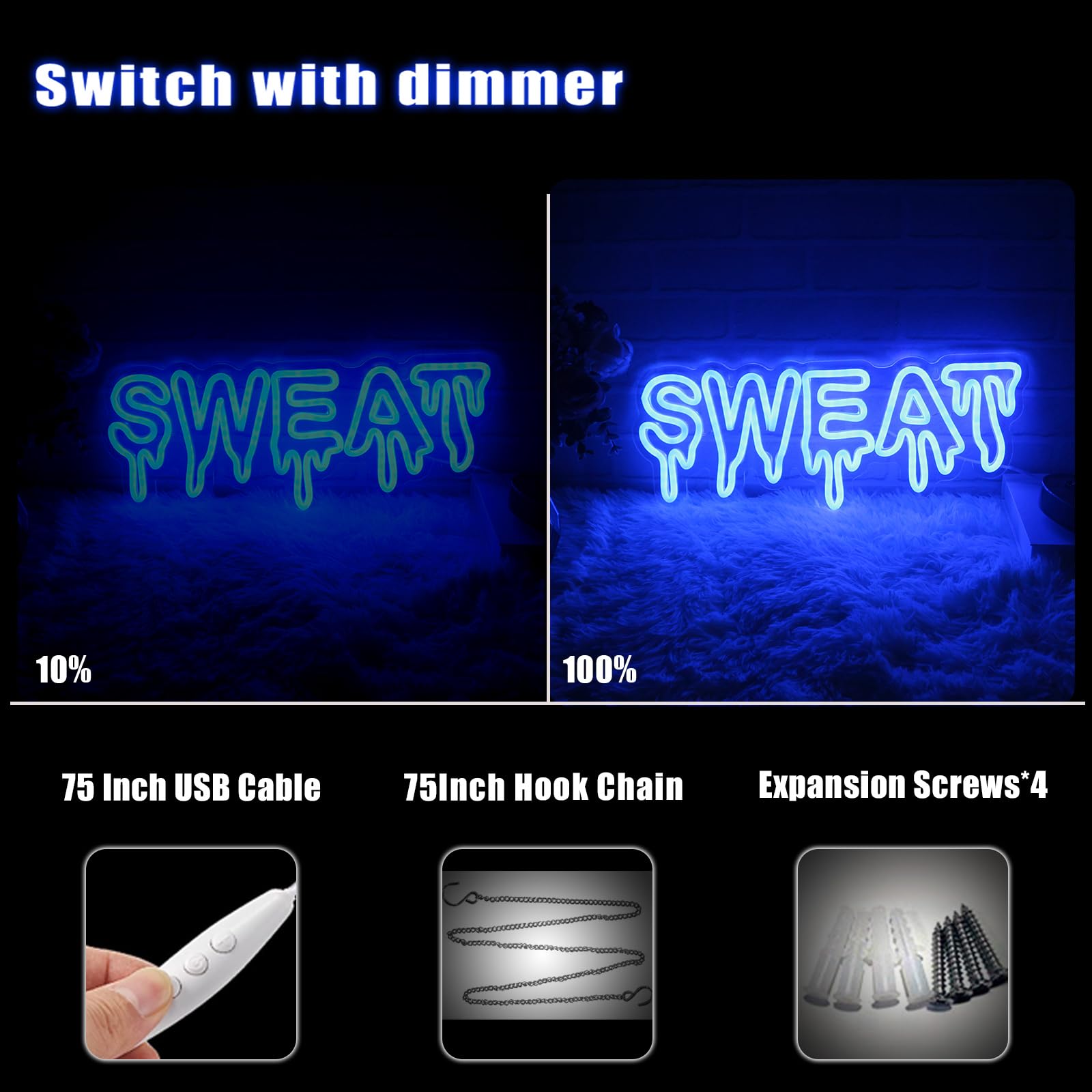LeDigPig Sweat Neon Sign LED Wall Decor, Dimmable Acrylic Light, 16.8inx6.8in, Blue, Model: StaryLightz-Sweat