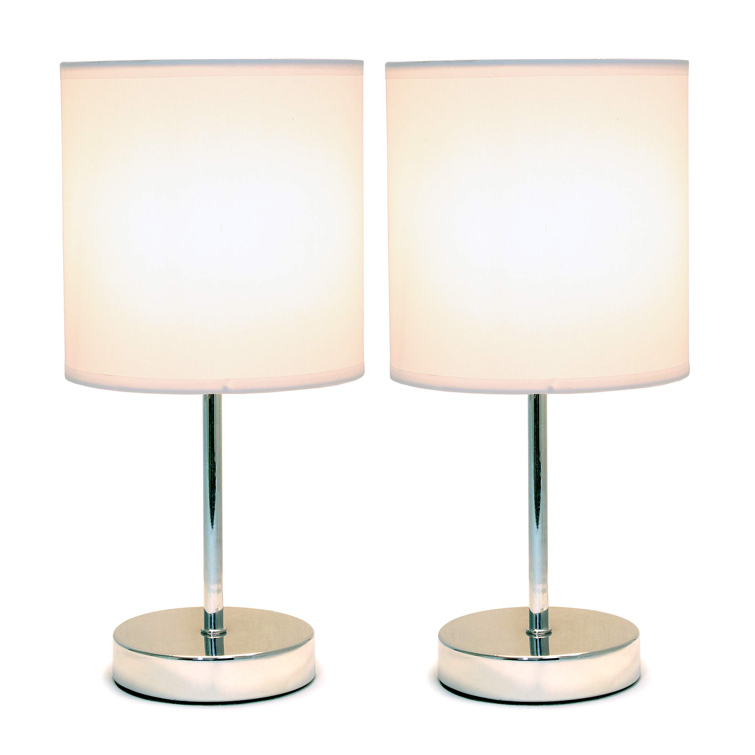 Simple Designs LT2007-WHT-2PK Chrome Mini Table Lamp Set, Fabric Shade, White, No Bulb, 2 Pack