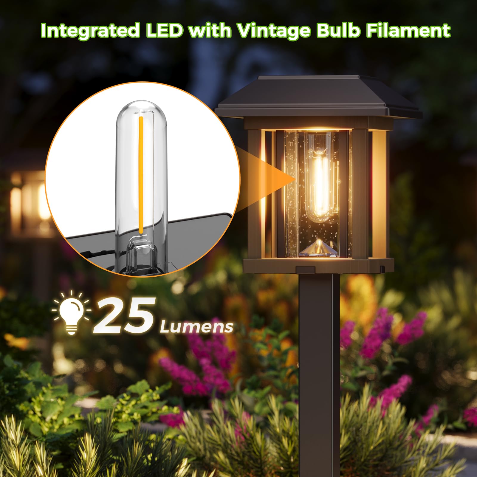 XMCOSY+ Solar Pathway Lights 4-Pack, Vintage Edison LED, 25 Lumens, IP65 Waterproof, Two-Tone Bronze & Wood Color, Model HW-6166B