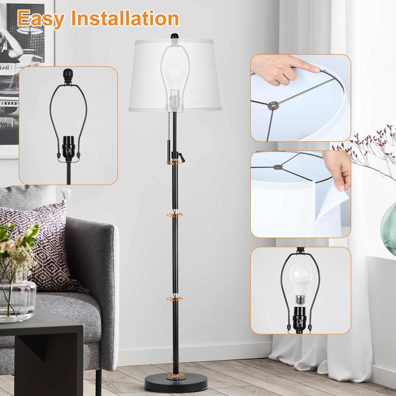 JUNNAI Black Floor Lamp - Adjustable Height, 55-65 inches, Metal & Fabric, Modern Design with White Shade & 9W LED Bulb Included