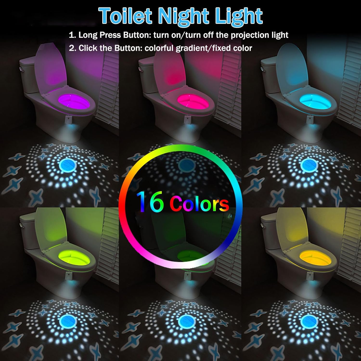 Toilet Light Motion Sensor  16 Colors Changing Rechargable Led Night Light With Star Projection Light  Toilet Bowl Night Light For Bathroom  Funny Gift For Family And Friends (2)