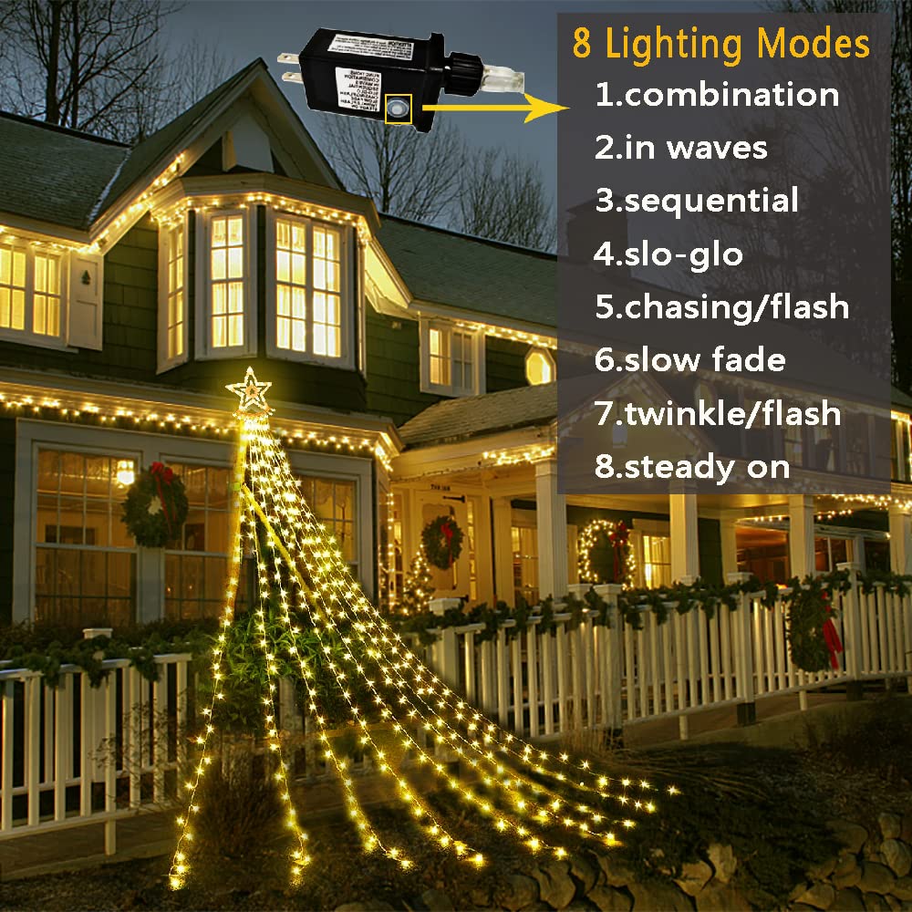 Aokudoni 12.6Ft Warm White Christmas Lights Outdoor, 8 Modes Waterfall Lights For Holiday Decor