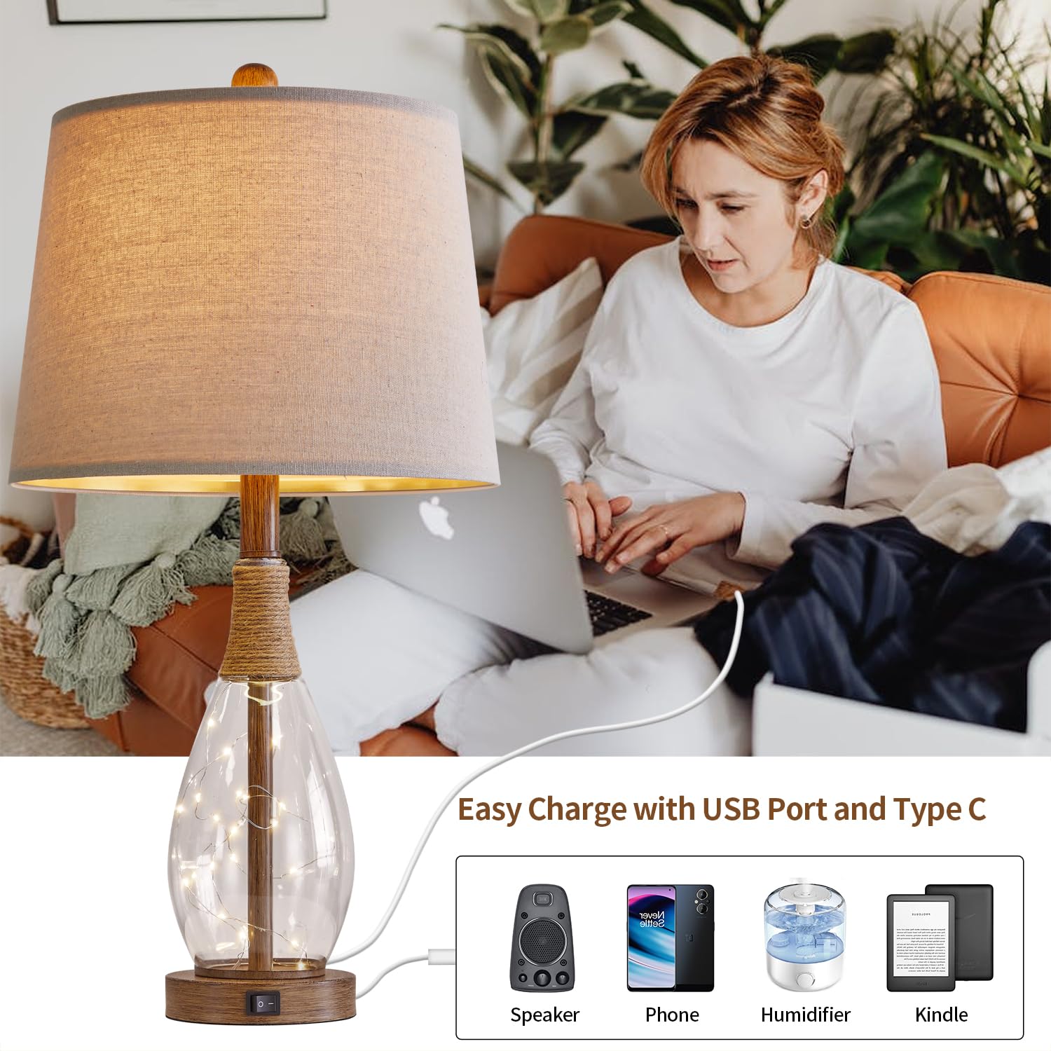 OYEARS 23" USB A+C Table Lamp Set of 2, Modern Rattan & Glass Bedside Lamps, Brown, AMZ-T1140CL-U