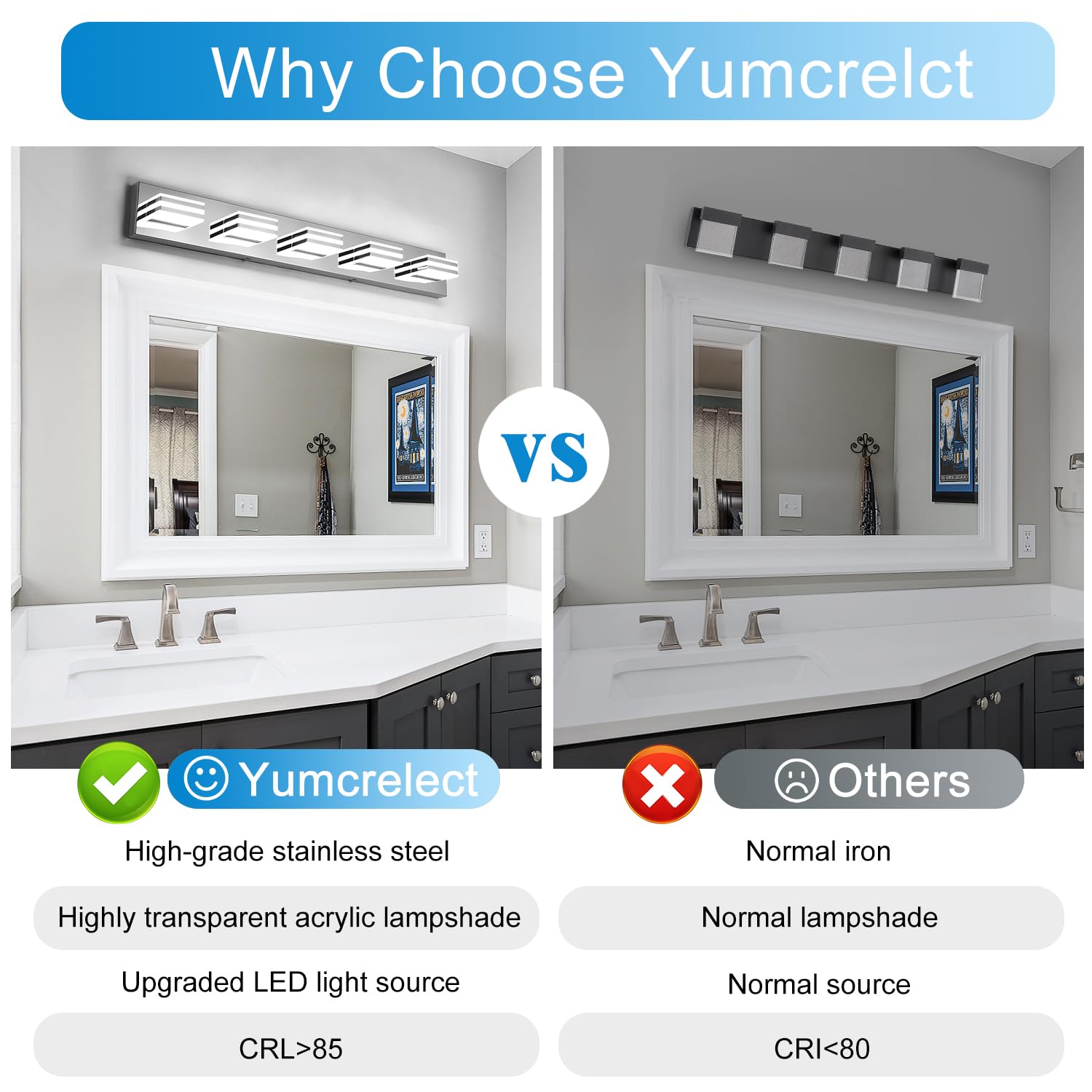 yumcrelect LED Vanity Lighting 5-Light Bath Wall Lamps 34-Inch Chrome Metal Model 6210 Not Dimmable