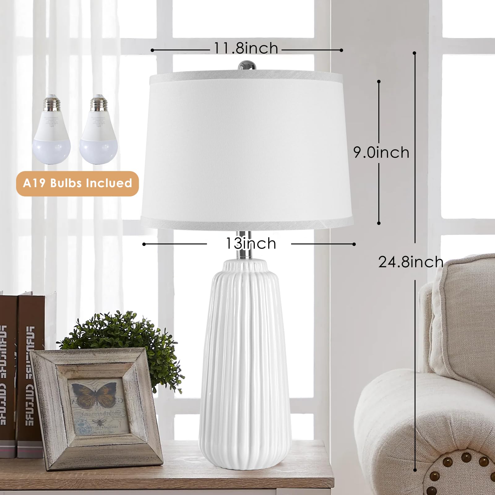 Yusist Ceramic Table Lamps Set Of 2, 25Inch Modern White Table Lamps For Bedroom Living Room With 3 Color Temperature - 3000K/4000K/6000K, Coastal Lamps For Nightstand Bedside With 2 Led Bulbs, 9W